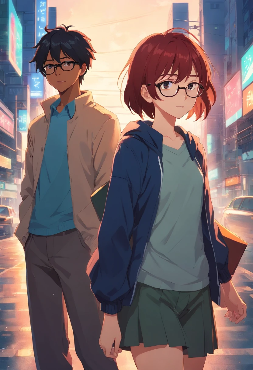 black boy with dark hair, redhead girl with glasses