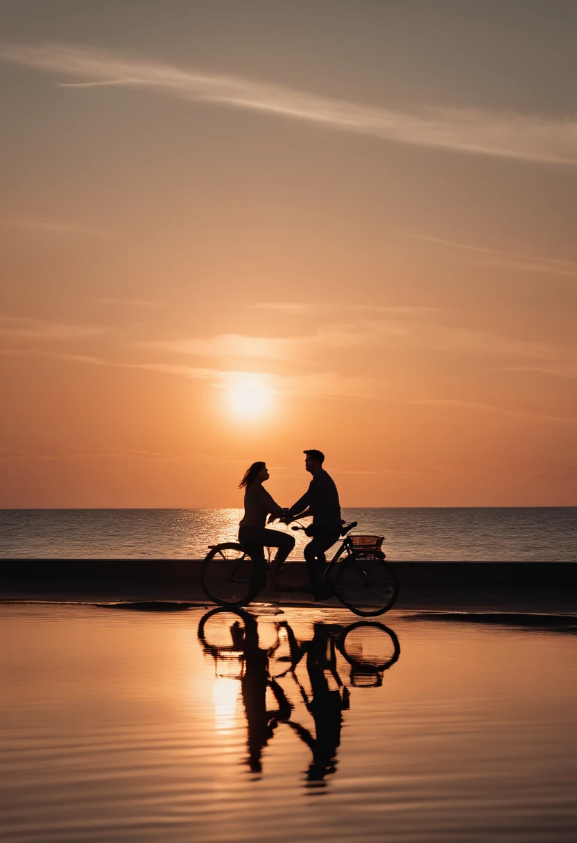 (a guy riding a bicycle, a girl riding a bicycle, seaside scenery, sunset sky, photography, photorealism:1.37), high-res, ultra-detailed, clear horizon, vibrant colors, warm tones, captivating lighting