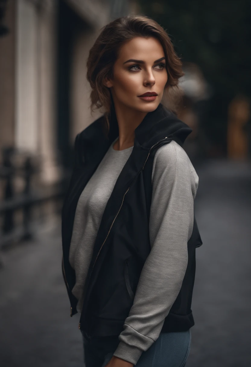 Portrait of a beautiful, attractive woman, porter un sweat-shirt,inspired by "Selina Kyle", Tendances sur Art Station, , Detailed hyper-realistic rendering, Style de rue, pose intimidadora, fashionable clothes,