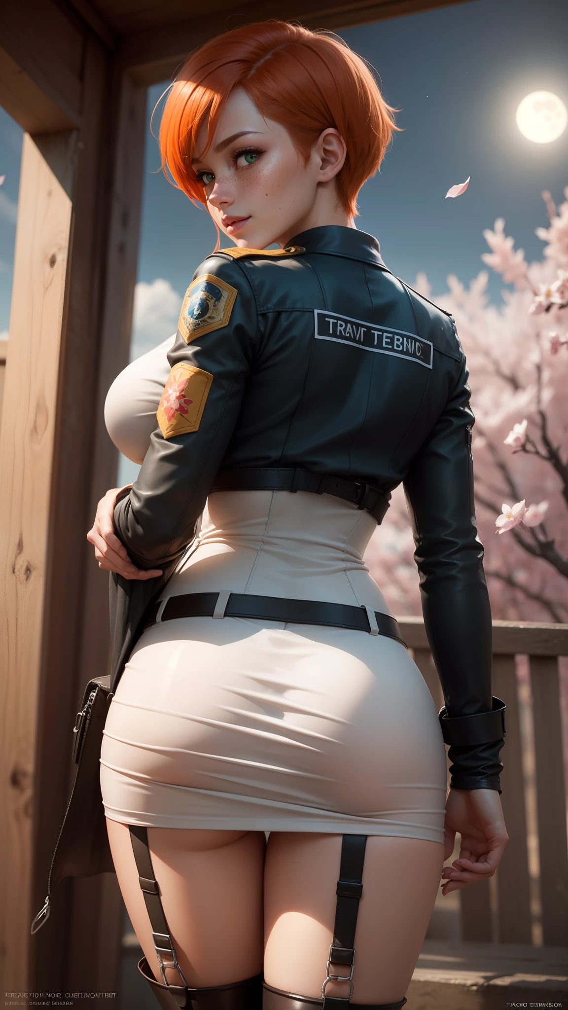 gwen tennyson,tracer,bulma,rebecca chambers,1girl,military uniform,japan, kimono,steel armor,green eyes,garter belt, thigh high boots,short hair,orange hair,moonlight,cherry blossom,shy smile,white striped top,bodycon skirt,freckles,redhead,beautiful girl,large breasts,ultra detailed,realistic,pilot scarf, wet clothes, wet body, from behind,