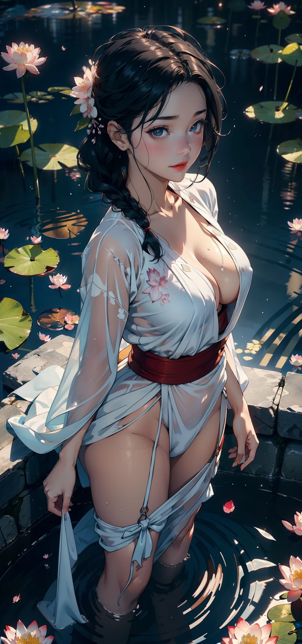 1female,35yo,plumw,extremely large bosom, 独奏,(Background with:waterfallr,ponds,Cherry blossom forest,lotus flower)Sit in the lotus leaves of the pool, She has short black hair,standing on your feet,seen from the front, Twist braids, mostly cloudy sky,(((tmasterpiece),(Very detailed CG unity 8K wallpaper),best qualtiy,cinmatic lighting,detailed back ground,beatiful detailed eyes,Bright pupils,Black eyes,Snow-whiteskin,Redlip(Very fine and beautiful),(Beautiful and detailed eye description),ultra - detailed,tmasterpiece,))facing at camera,A high resolution,ultra - detailed),revealing breasts,Bare genitalia, Bulge,legs are open,Raised sexy,Camel toes,Flushed complexion,Desire for dissatisfaction,frontage,nurses,White transparent Hanfu,Red Cross Mark
