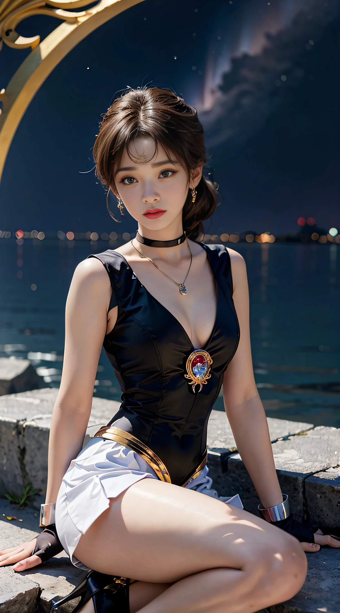 ((masterpiece:1.4)、(Top quality:1.4)、(Realist:1.7))、Masseter film:1.4、A beautiful girl、(Sailor Moon:1.4)、Tsukino Usagi、Tight sexy sailor suit、(Latex Shiny)、(The jacket is a white sleeveless sailor suit)、(The skirt is a blue sexy ultra mini skirt)、The collar of the sailor's suit is blue,There are two thin lines on it.、High Leg Swimsuit、Red fabric adornment on the chest、(Wearing white gloves)、Kawaii girl、Super Beauty、Sharp focus、Portrait Photos、Upper body photography:1.4、Beautiful face、beautiful eyes、Willow Waist、(hair:1.4)、(长度 hair:1.2)、RAW photos、Red lips、Red high heels:1.4、Necklace:1.4、A necklace:1.4、earrings:1.4、Wearing a luxurious golden headdress on the forehead:1.4、One screen display、Outdoor Landscape