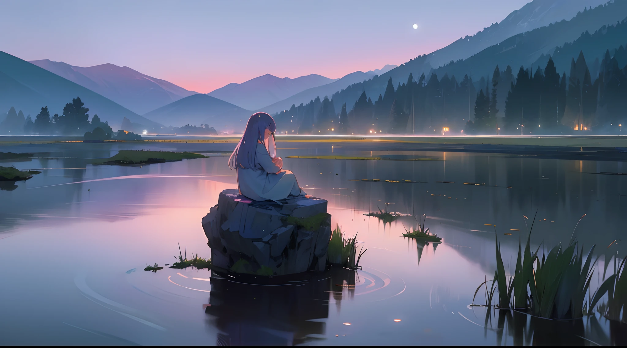 (best quality,4k,8k,highres,masterpiece:1.2),ultra-detailed,(realistic,photorealistic,photo-realistic:1.37),Moon landscape,purple nightsky,starrysky,girl sitting in background,illustration,peaceful atmosphere,vibrant colors,soft lighting,tranquil mood,lonely figure,moody setting,serene environment,lush greenery,calm waters,quiet night,distant mountains,shimmering stars,pleasant breeze,silent nature,sleeping town,reflection in the water,gentle ripples,harmony,stillness,deep connection with nature
