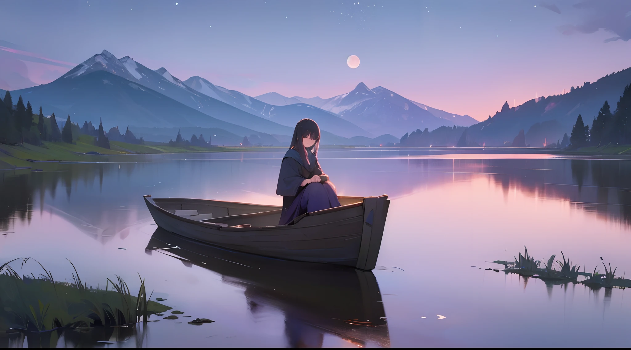 (best quality,4k,8k,highres,masterpiece:1.2),ultra-detailed,(realistic,photorealistic,photo-realistic:1.37),Moon landscape,purple nightsky,starrysky,girl sitting in background,illustration,peaceful atmosphere,vibrant colors,soft lighting,tranquil mood,lonely figure,moody setting,serene environment,lush greenery,calm waters,quiet night,distant mountains,shimmering stars,pleasant breeze,silent nature,sleeping town,reflection in the water,gentle ripples,harmony,stillness,deep connection with nature