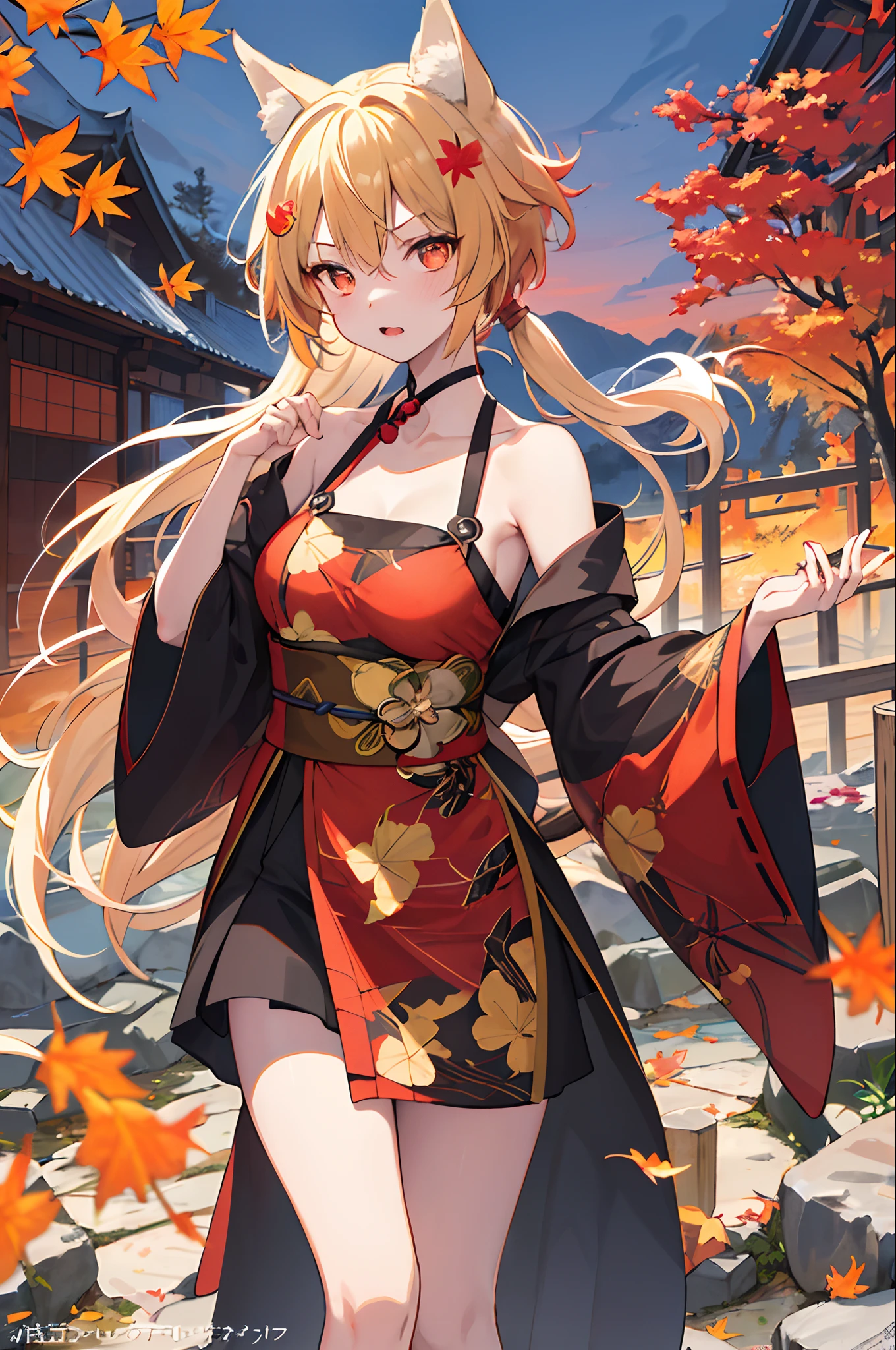 Enle Wonderland,Chinese mythology,Colorful auspicious clouds,autumnal,fall leaves,falling leaf,Holding_leafs,fronds,Leaf background,leaf hair ornament,Maple leaves,aki_shizuha,Leaf print,starfish,Angry blood vessels,ginkgo leaf,Cephalic parietal lobes,Angry blood vessels,The tree,waterfallr,sweet potato,dragonfly,acorns,独奏,pigtails,Blurred foreground,1girll,In the daytime,painting of a,depth of fields,bblurry,long whitr hair,tree branch,Hair decoration,leaves in wind,ln the forest,exteriors,naturey,bonfires,比基尼,lookingat_at_peeping at the viewer,hot onsen,Koi,sitted,tmasterpiece,Best quality at best,(Best quality at best), ((Masterpiece)), (A high resolution), Original, Extremely detailed 8k wallpaper, (Extremely Delicately Beautiful),((详细的脸)), beatiful detailed eyes, Hair flutters in the wind, messy hair, lens flare glow, 1Blittle girl,full bodyesbian,(blonde eyes),(red - eyed),(Wolf ears),(Yellowhair),(Wolf tail),(Wolf ears),(Moe girl:1.1),(Wolf ears),Nice detailed eyes,Orange hair,Very long hair,little breast,(looking at viewert),(Magazines:1.3),(Cover style:1.3),Fashionab,woman,with dynamism,garments(比基尼),Expose the collarbone,cropped shoulders,Exposed milk,showing belly,Dew vest line,Pretty legs,posing on a(Raised sexy),frontage,Colorful,dyna,Background with,element in,self-assured,Expressing the,halter,statement,fittings,A majestic,coil,Runt,Touching pubic area,Scenes,text,Cover of a,Bold,attention-grabbing,titles,Fashionab,typeface,Catchy,titles,more big,Smart,modern day,Fashionab, focus-on, Fashionab,