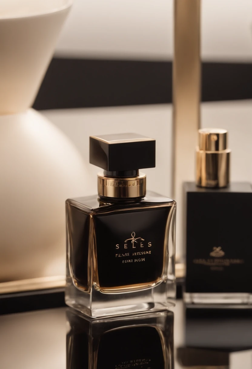 A high quality, vertical promotional image for the luxury perfume brand Seletos Parfum, announcing the launch of their new collection of 27 fragrances inspired by high-end perfumes.

The image shows a sensual close up of an elegant woman. She has flawless skin, wavy brunette hair, and wears a low-cut black dress. Around her neck, a gold perfume pendant with the Seletos logo. In the soft background, out of focus, shelves with perfumes from the new collection in sleek, minimalist and elegant black bottles.

The composition conveys luxury, sensuality and sophistication. The color palette is black, gold and nude. Clean typography for the text "Irresistible Novelties" at the top and "Seletos Parfum" smaller at the bottom.

The lighting is soft and intimate. Professional quality, sharp focus on the foreground. Digital painting with subtle brush strokes in advertising style.