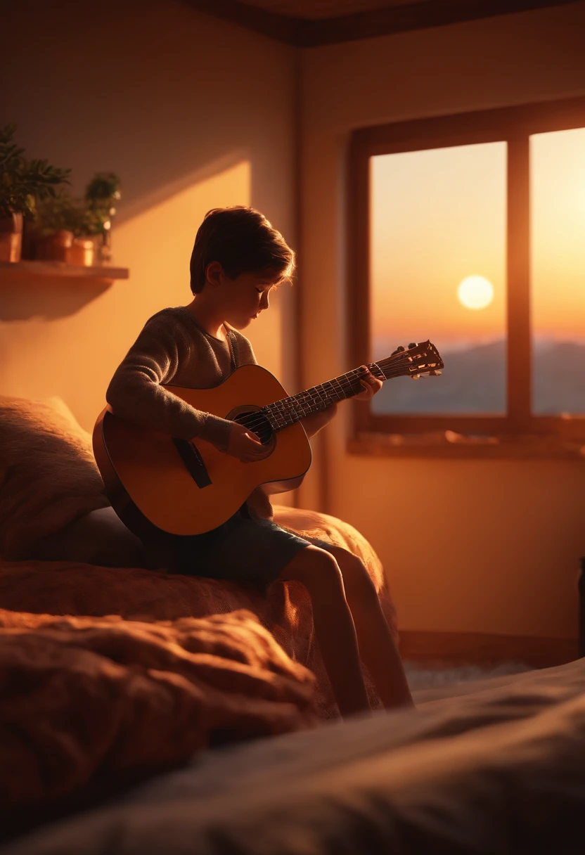 a boy playing guitar, sitting on a bed in a room with a sunset view from a window, in the style of Hayao Miyazaki. (best quality,4k,8k,highres,masterpiece:1.2),ultra-detailed,realistic:1.37,HDR,UHD,studio lighting,physically-based rendering,extreme detail description,professional,vivid colors,portraits,landscape,colorful palette,golden light.