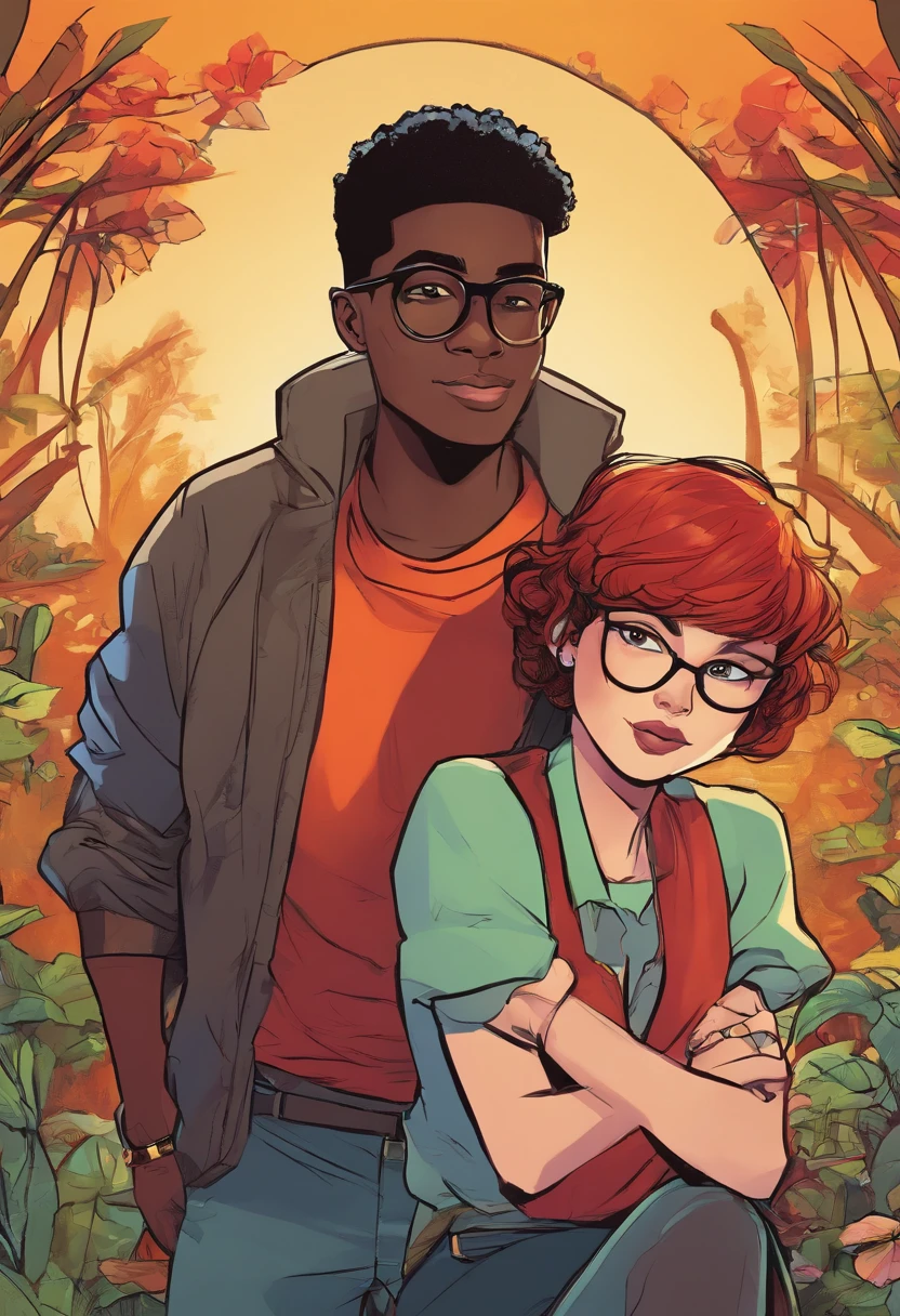 black boy with short dark hair, redhead girl with glasses