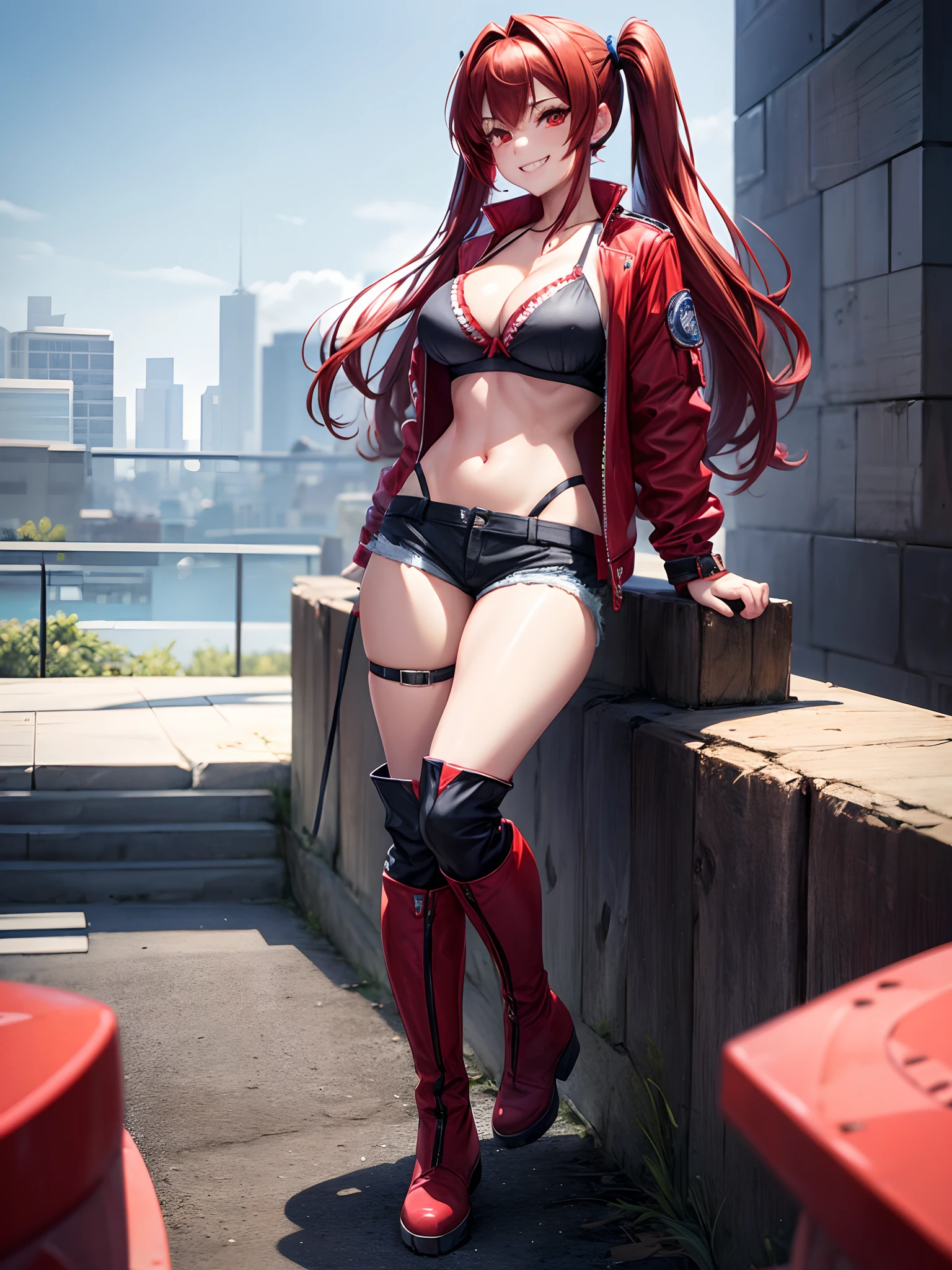 1girl, solo, long hair, red hair, twintail, dark blue bra, large breasts, cleavage, red eyes, opened dark jacket, boots, grin, looking at the viewer, full body, brown hairclip, full body, shorts