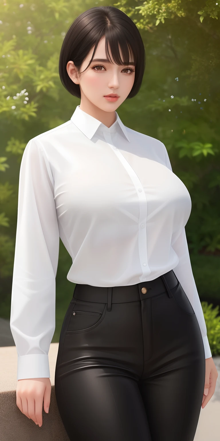 1girl, (white shirt,black pants),short hair,black hair,brown eyes,outdoors, detailed face, detailed eyes, huge breasts, shiny skin, looking at the audience, (8k, RAW photo, best quality, masterpiece: 1.2), (realistic, realistic: 1.37), ultra-high resolution