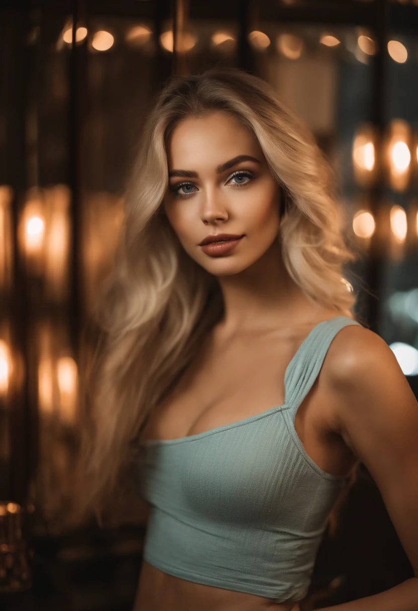 woman with matching tank top and panties, fille sexy aux yeux bleus, Portrait Sophie Mudd, Portrait de Corinna Kopf, cheveux blonds et grands yeux, selfie of a young woman, at a night club, ohne Maquillage, maquillage naturel, Look directly into the camera, Visage avec Artgram, dezentes Maquillage, Superbe photo du corps entier, dans la chambre, gros seins, Blonde