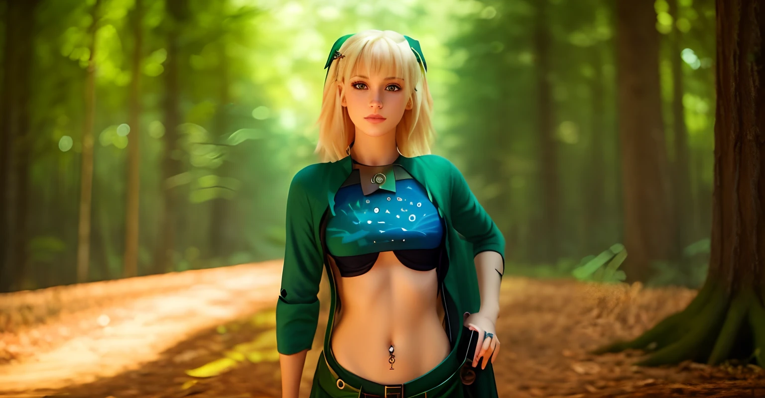 girl avatar, blonde hair, witch, forest background, cute, perfect eyes, 4k, best quality