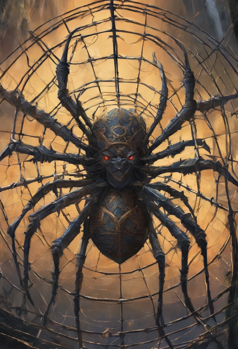 Huge metal spider that is in prison a warrior in a wire web , Tyler Edlin Fantasy Art, Style artistique humblewood, Illustration High Fantasy, guerrier , Surprisingly detailed D & D art