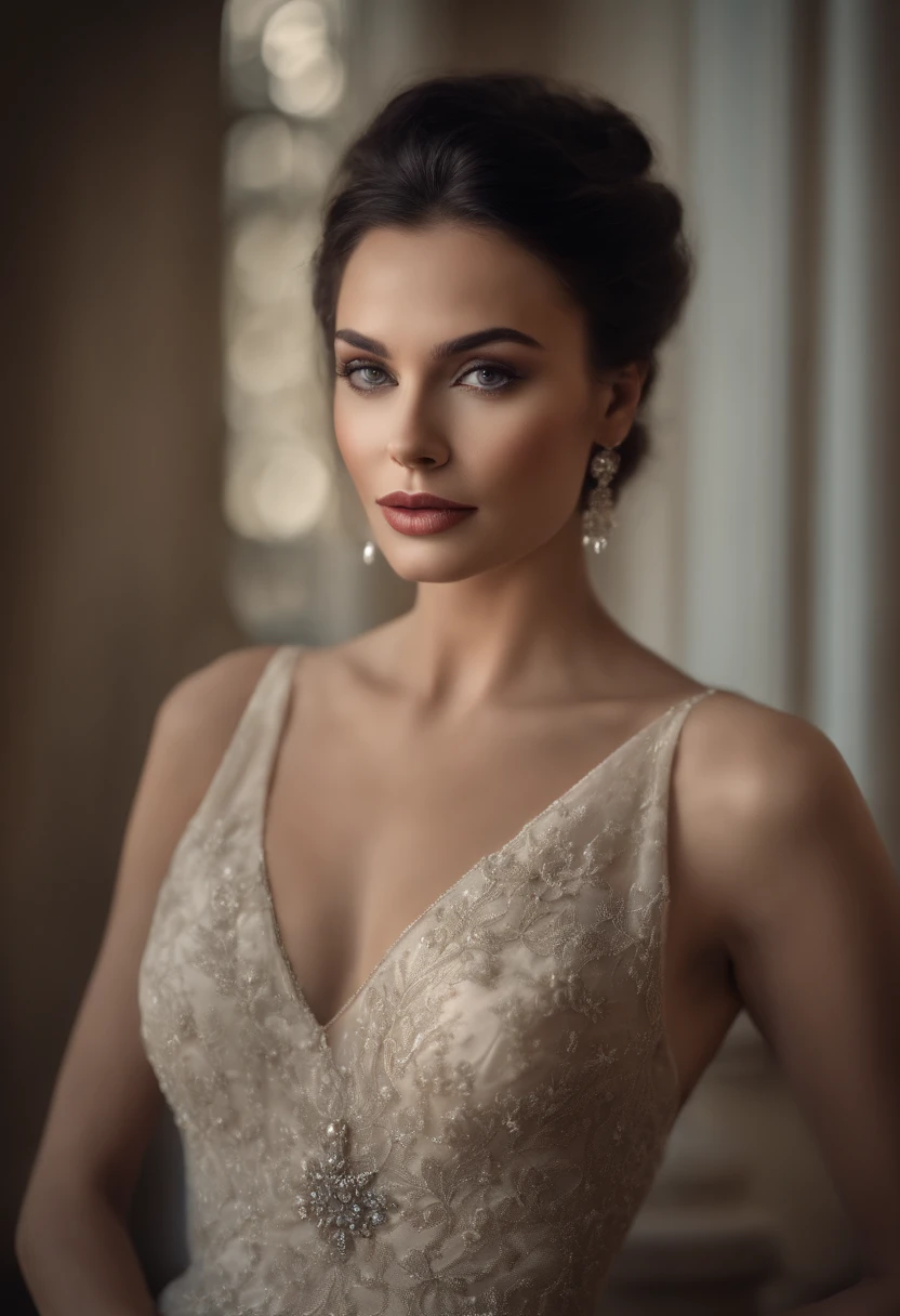 (Best quality,4K,8k,high resolucion,Masterpiece:1.2),Ultra-detailed,(Realstic,photoreallistic,photo-realistic:1.37),beautiful detailed eyes,beautiful detailed lips,extremely detailed eyes and face, Cils longs,1fille,portrait,Classic oil paint,Regard fort,pose glamour,softlighting,sensual atmosphere,bare shoulders,Cheveux luxueux,Maquillage subtil,Mysterious background,Palette de couleurs vintage,Elegant and sophisticated,Delicate skin texture,composition artistique,Couleurs vives,Shadows and highlights,Courbes gracieuses,Expression provocatrice,playful smile,Confiance exsudative,sublime beauty,Seductive charm,proportions impeccables,Bewitching look,graceful and seductive posture,intime et sensuel,Ageless beauty,Impeccable softness,Accept vulnerability,Embodying feminine power,yeux expressifs,ludique et taquin,subtle sensuality,allure innocente,Expressive lips,Secrets chuchotés,Unforgettable presence,trapping the viewer,Radiation similar to that of a goddess,admiration dans son regard,without constraint by societal norms,Celebrate femininity,sexy and stylish.