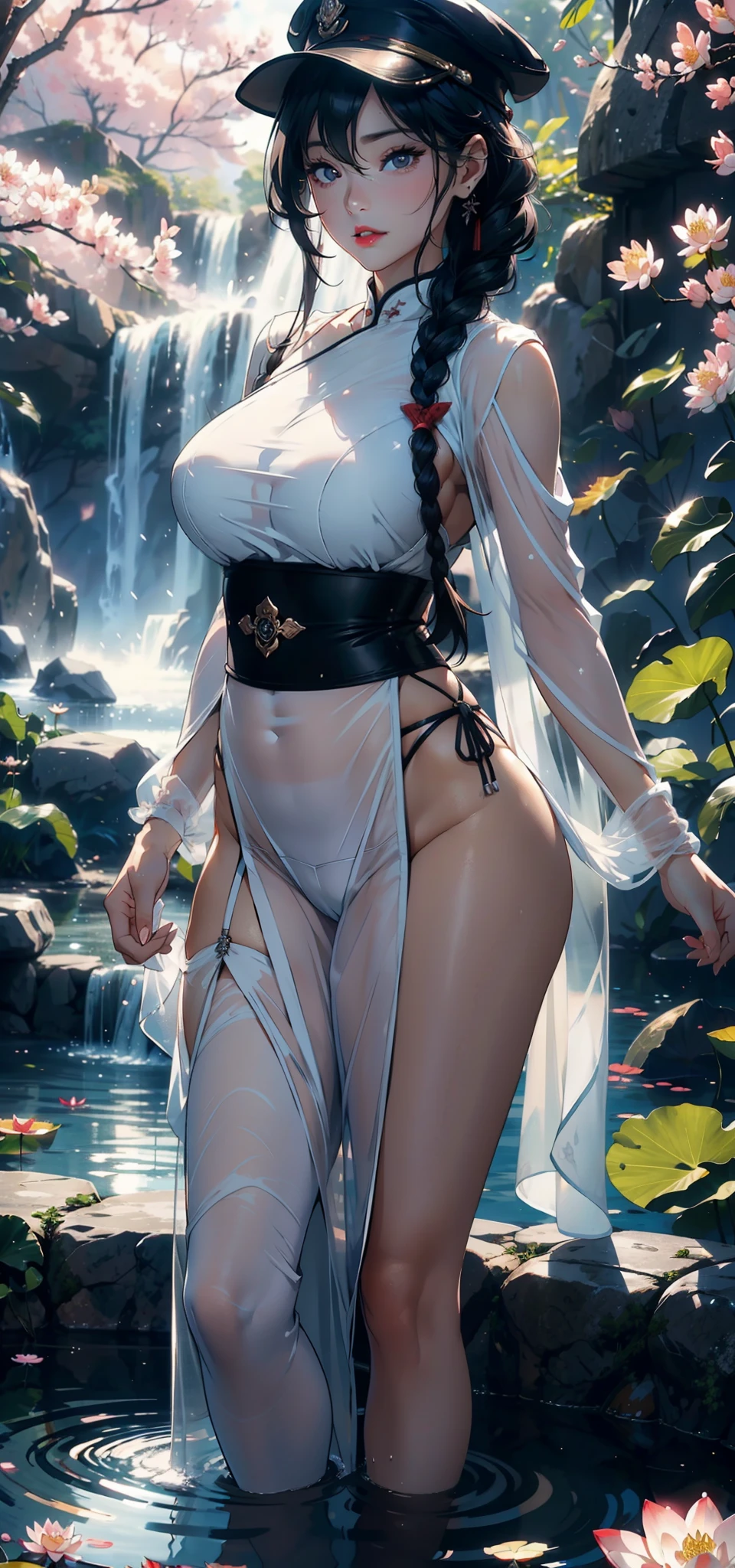 1female，35yo，plumw，extremely large bosom， 独奏，（Background with：waterfallr，ponds，Cherry blossom forest，lotus flower）Sit in the lotus leaves of the pool， She has short black hair，standing on your feet，seen from the front， Twist braids， mostly cloudy sky，（（（tmasterpiece），（Very detailed CG unity 8K wallpaper），best qualtiy，cinmatic lighting，detailed back ground，beatiful detailed eyes，Bright pupils，Black eyes，Snow-whiteskin，Redlip（Very fine and beautiful），（Beautiful and detailed eye description），ultra - detailed，tmasterpiece，））facing at camera，A high resolution，ultra - detailed），revealing breasts，Bare genitalia，  Bulge，legs are open，Raised sexy，Camel toes，Flushed complexion，Desire for dissatisfaction，frontage，miltary，military hat，White transparent Hanfu，Red Cross Mark