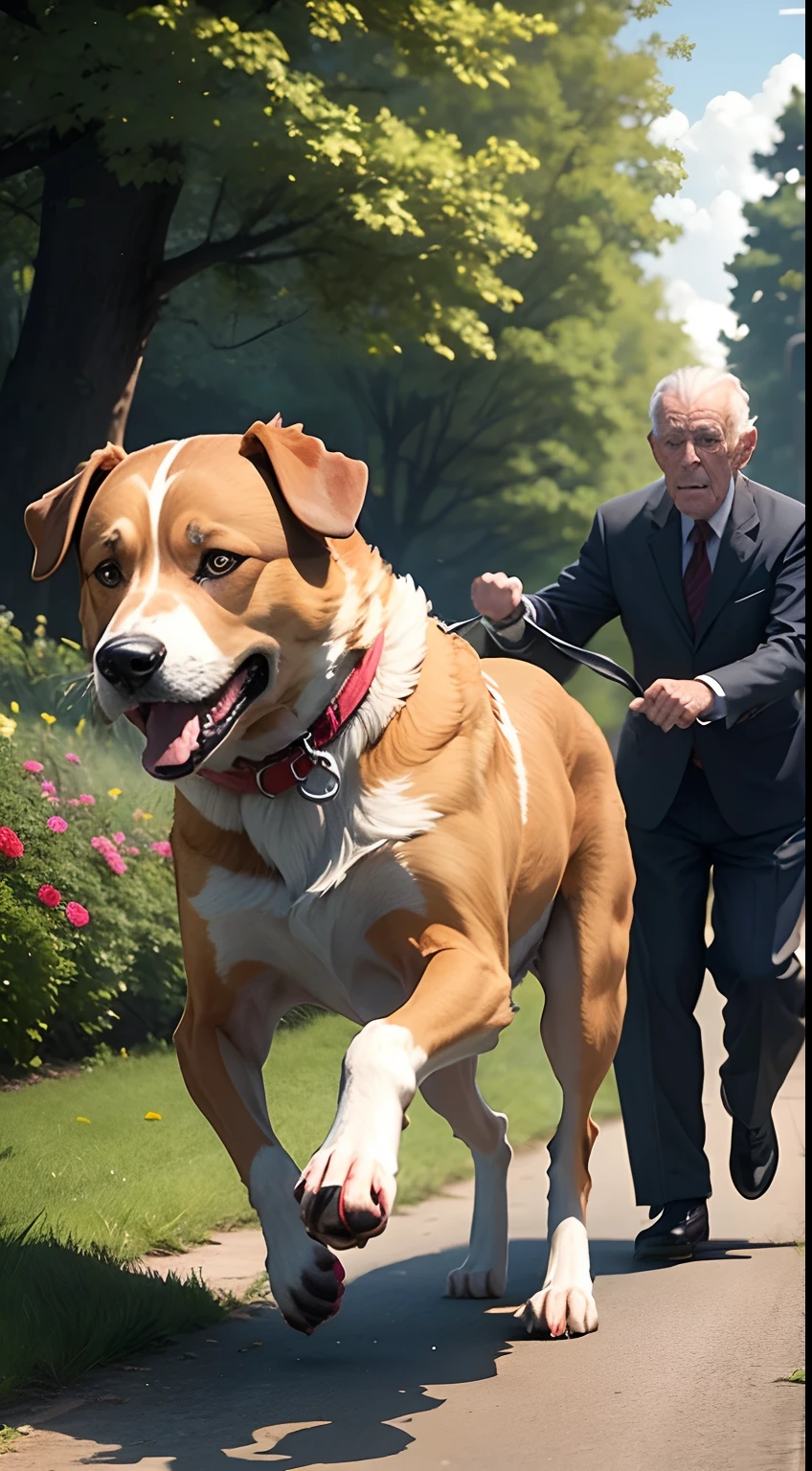 Dog drags elderly man with him as he runs into the bushes because he sees something there. Die szene spielt im wald