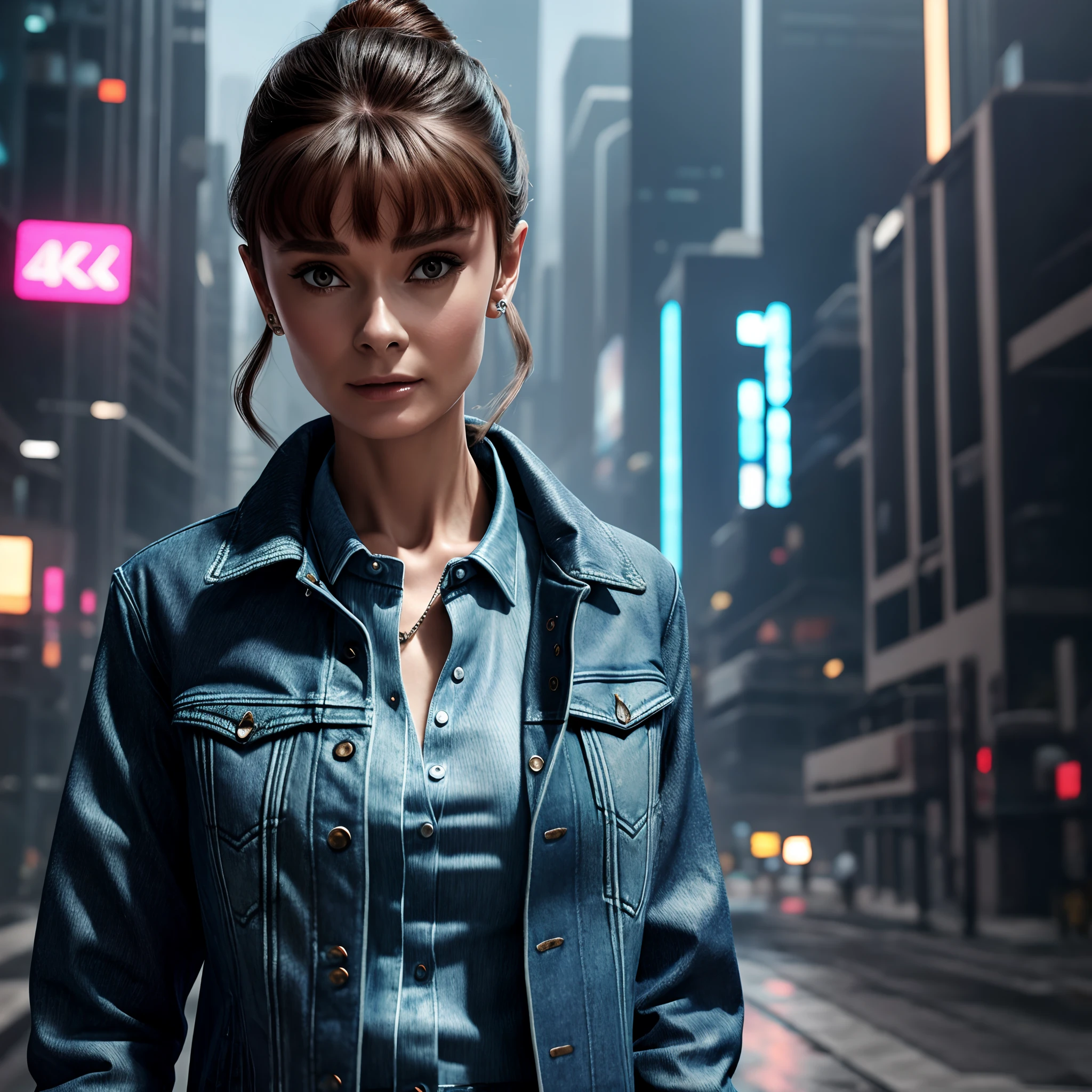 Cyberpunk Audrey Hepburn wearing ultra realistic denim jacket and shirts, realistic photo, futuristic setting, 4k