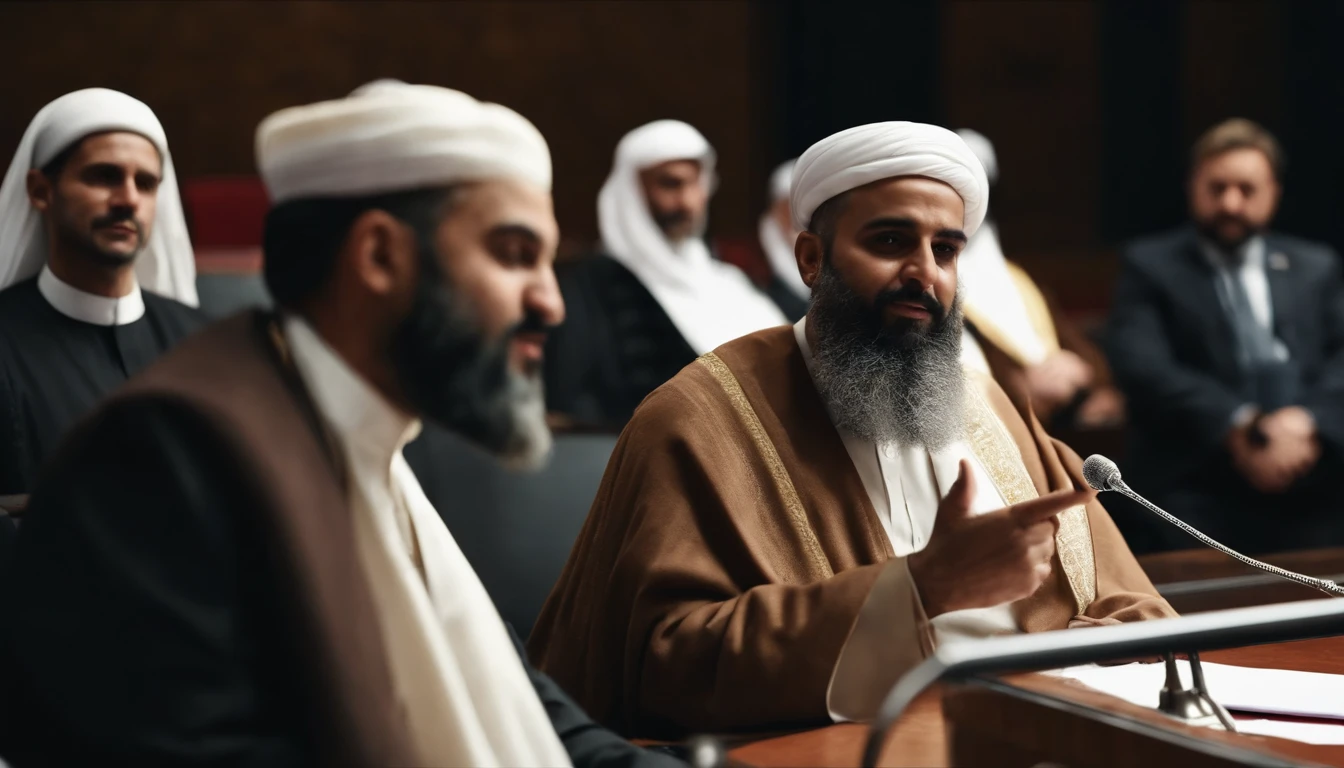 Muslim Scholars with normal beard no moustache wearing thoub a Arabic Suit pointing his one finger towards upside and addressing speech at UN assembly Infront of Many Countries President. Zoom out, realistic detail 4k