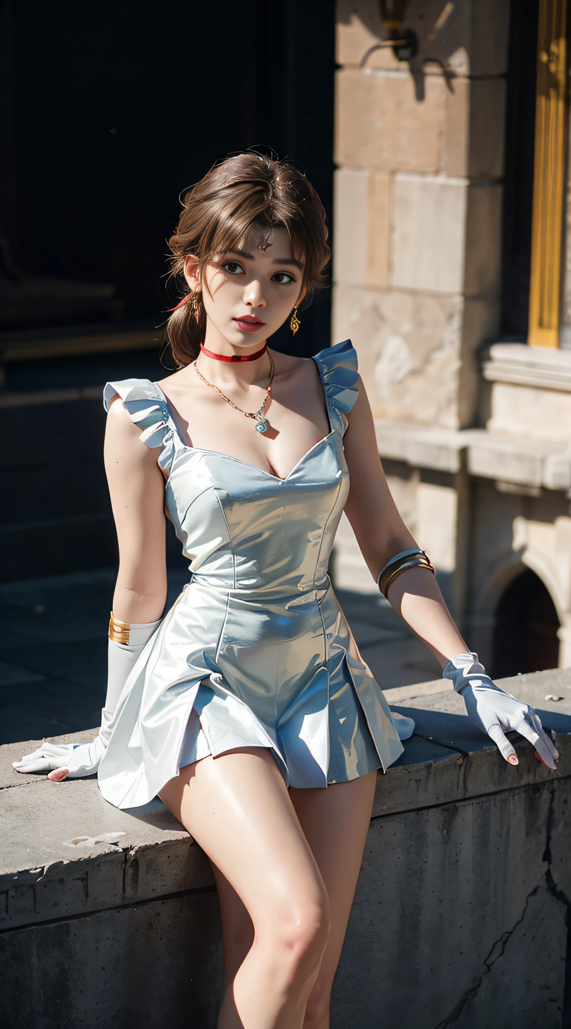 ((masterpiece:1.4)、(top-quality:1.4)、(reallistic:1.7))、masuter piece:1.4、a beauty girl、(sailormoon:1.4)、Sexy female combat suit sticking to body、latex shiny、White Sleeveless Sailor Suit、Bright red sexy super super mini skirt、Wearing white gloves、Kawaii Girl、Super beauty、foco nítido、Portrait photos、Upper body photography、beautiful countenance、beautidful eyes、Narrow waist、poneyTail、Raw photo、red-lips、Red High Heels、a choker:1.4、a necklace:1.4、耳Nipple Ring:1.4、1 screen display、Outdoor landscape