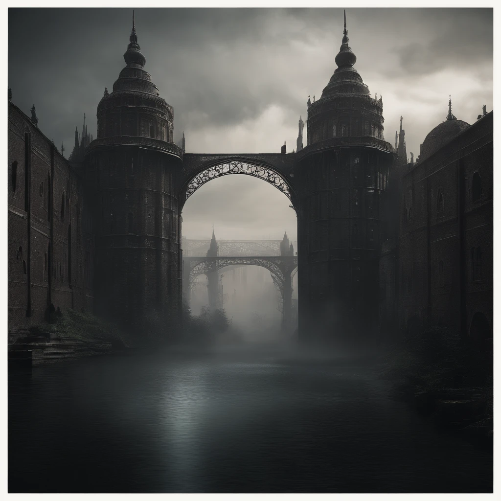 a gothic city of black iron towers and bridges hangs in space by the, edge of creation, celestial sea of the abyss,city of the devil, magic, sigil, glyphs, water flows from drains at the foundations, Dark City