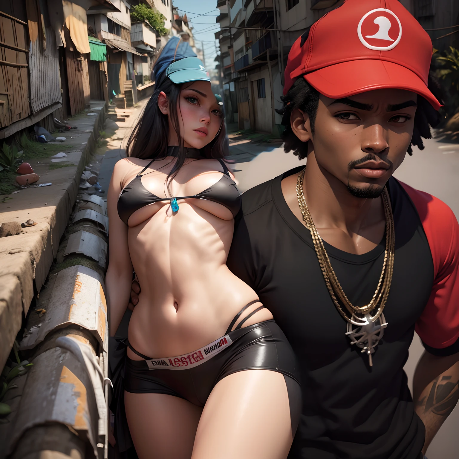 Comple o restante da imagem somente com a favela,e o restante do corpo do homem,remover a mulher ,woman not