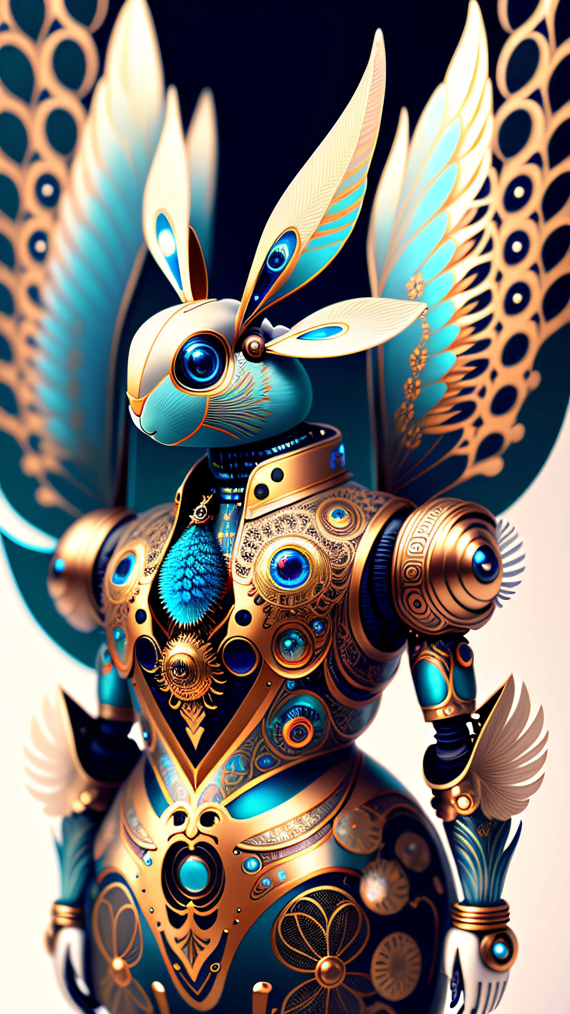 Robot mech rabbit,robot wings,earnst haeckel, James Jean. generative art, baroque, Intricate patterns, Fracturism, cinematic Film still from, Photorealistic, Vibrant peacock feathers, Intricate, elegant, Highly detailed, Digital painting, art stations, smooth, Sharp focus, illustration, outrun, vaporware,Full body shot