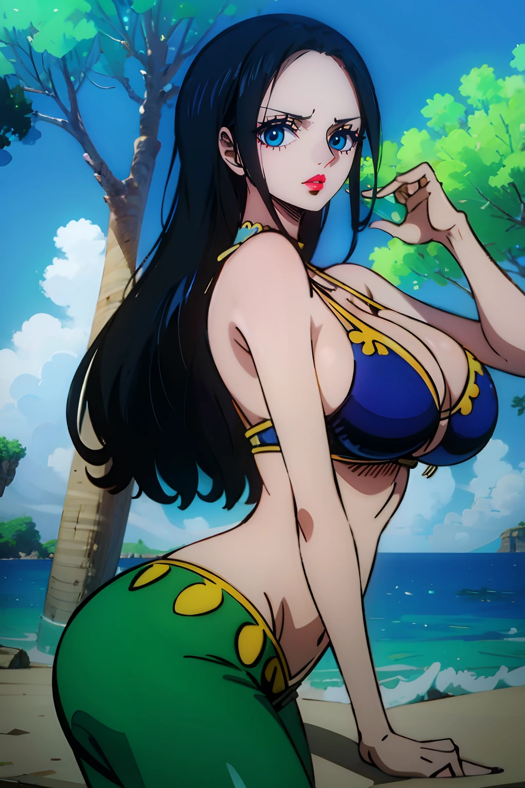 Nico Robin from One Piece wearing a tight black bikini and she’s look happy, high quality eyes, blue green eyes, Shiny eyes, Shiny white skin, puffy red lips, high quality lips, showing the ass, big ass, big boobs, best quality.