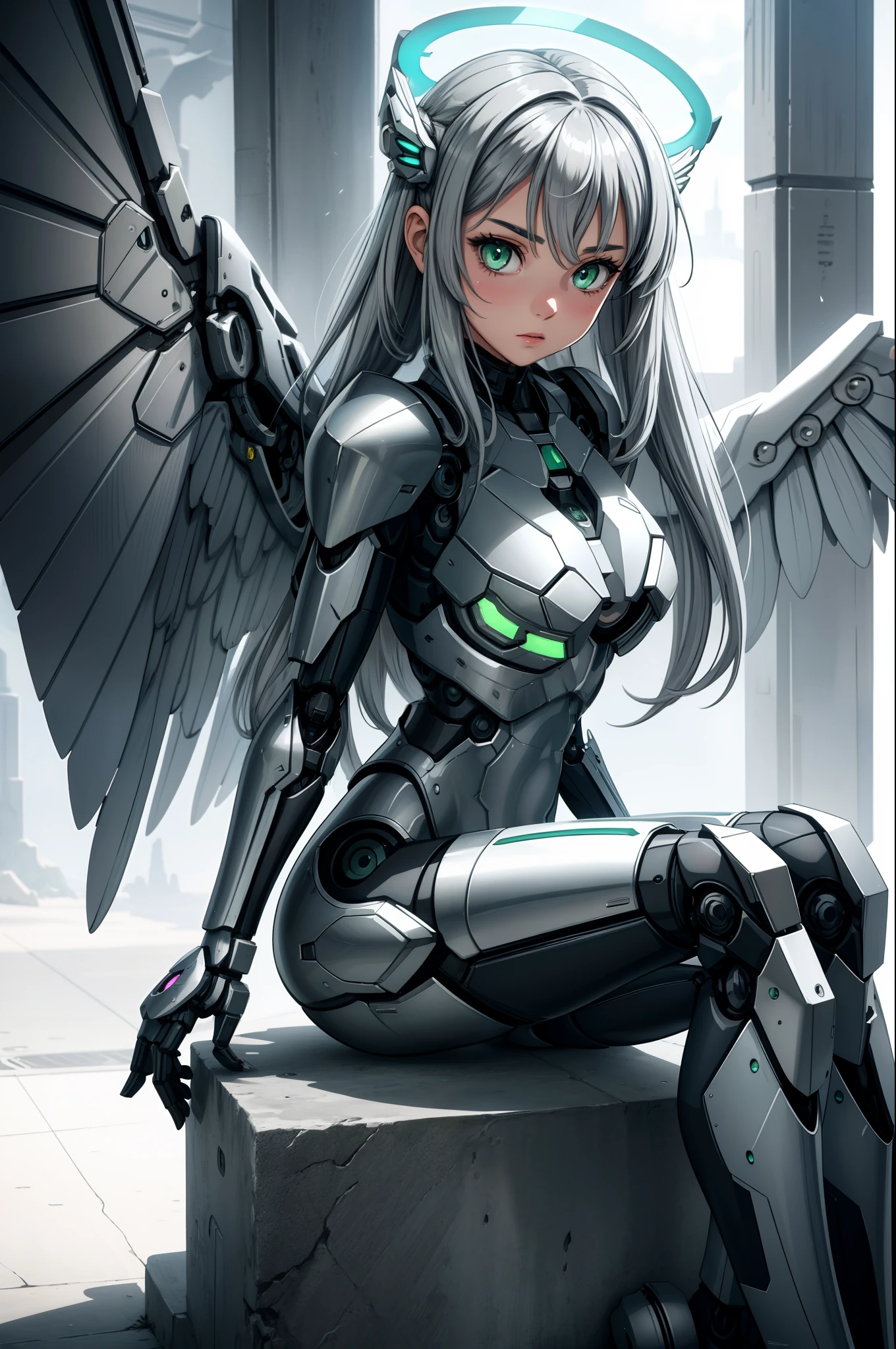 A beautiful girl with gray hair and some kind of robotic body armor, 1girll, Solo, Long hair, Green eyes, Halo, view the viewer, Wings, hair between eye, Sitting, Breasts, Mechanical wings