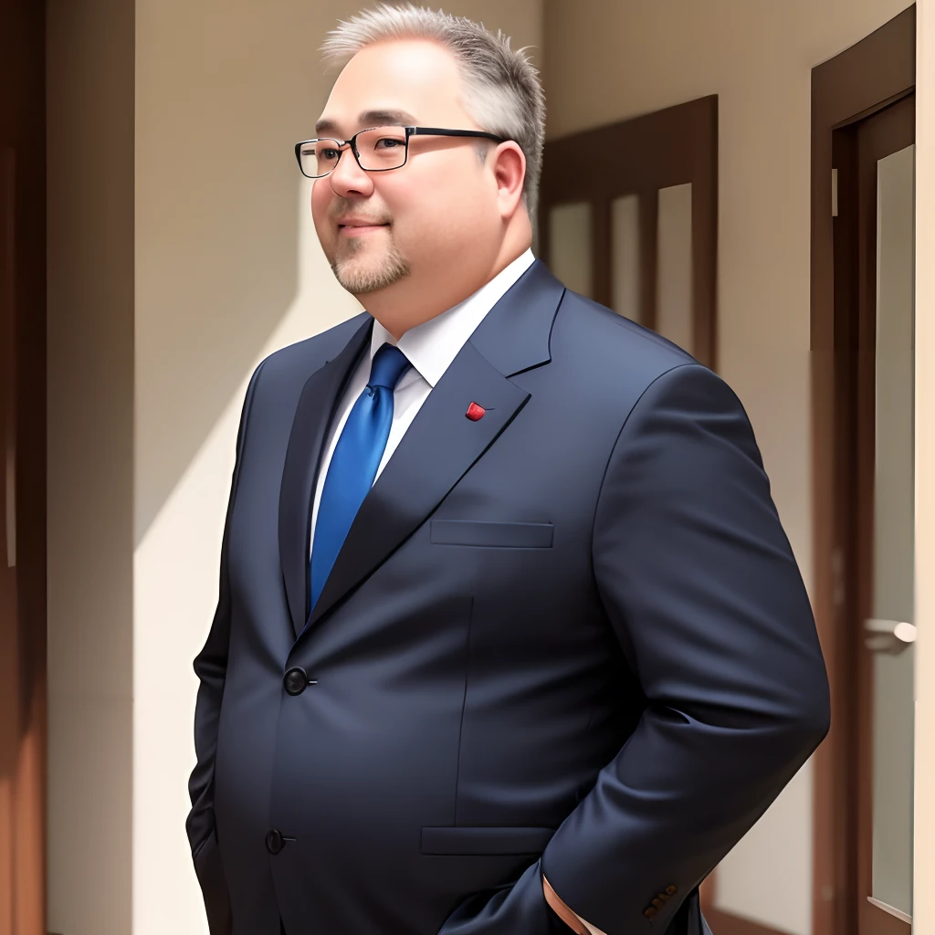 "Create a high-resolution image of an elderly Asian man standing in an art gallery, wearing glasses and a navy blue suit, exuding a mysterious aura."