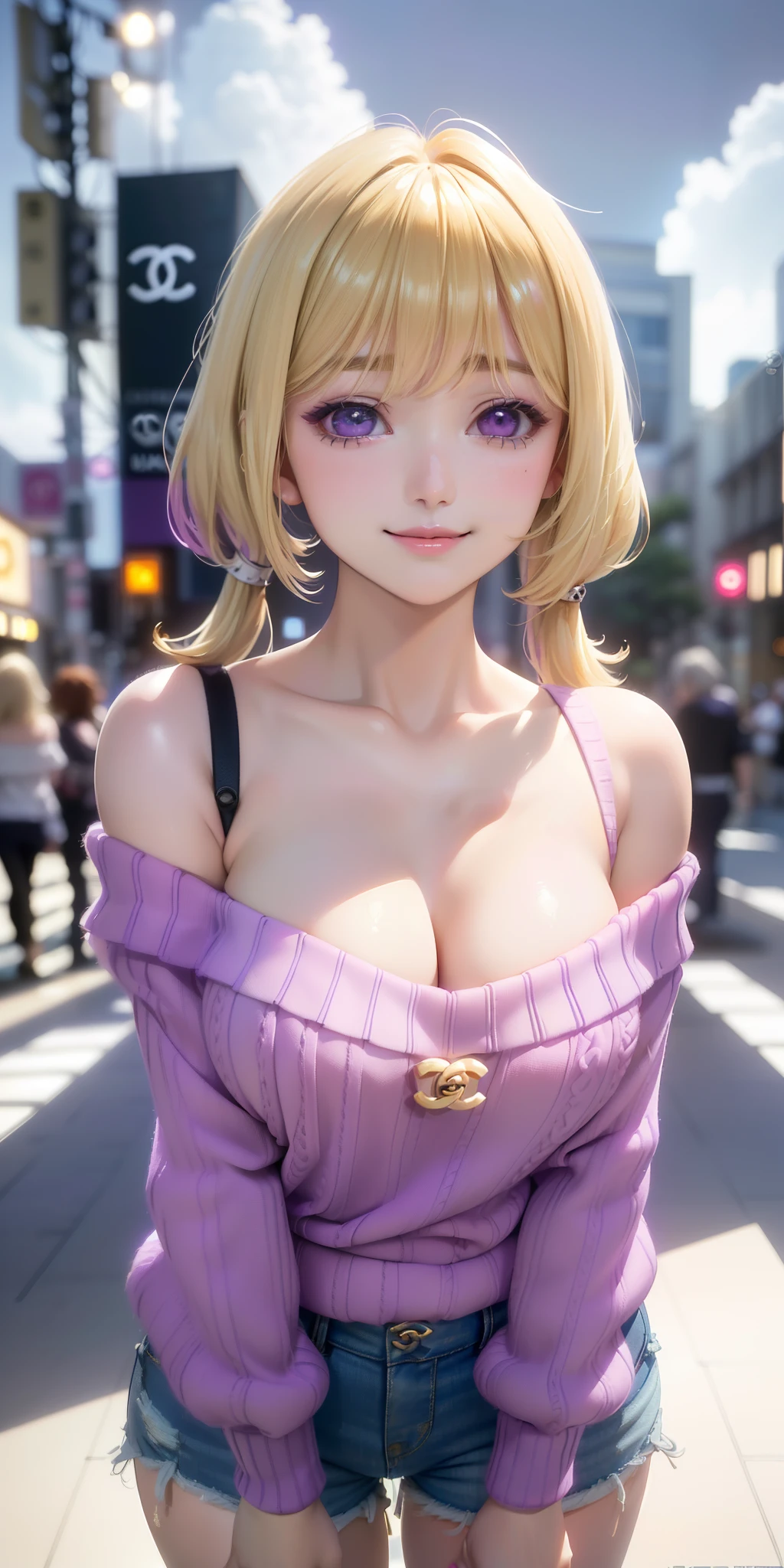 Big breasts ((Best quality: 1.3), ((beautiful and cute girl)) ((blonde hair)) ((chanel haircut style)) ((purple color eyes)) light effect on eyes, body extremely sexy twintail, busty, cleavage, off-shoulder white sweater, shorts, thighs, ((ultra quality, ultra full HD, ultra detailed, cinema lighting))(point of view, close shot), smiling, Tokyo street background , cloudy weather,