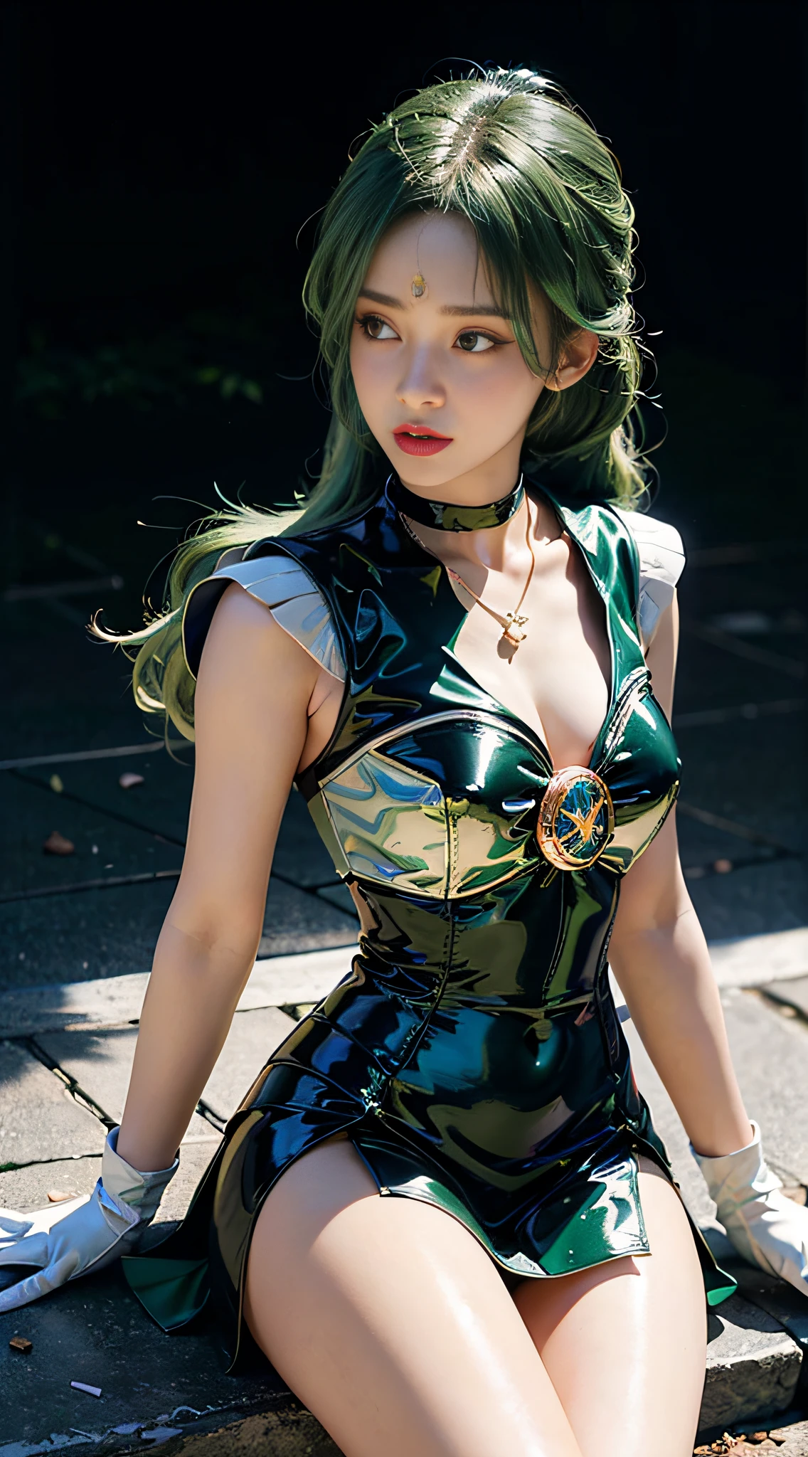 (Masterpiece, 4k resolution, ultra-realistic, very detailed), (Theme of knights of the zodiac, charismatic, there is a girl at the top of the city, wearing a golden gold armor Sagittarius knight, she is a superhero), [ ((20 years), (long green hair:1.2), full body, (green eyes:1.2), ((fighting pose),show of strength), ((sandy urban environment):0.8)| (cityscape, at night, dynamic lights), (full moon))