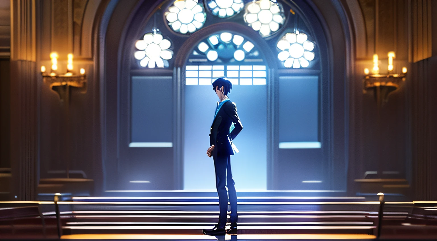 There was a man standing in front of the clock，With the lights on, Makoto Shinkai. a digital rendering, Makoto Shinkai. rendering by octane, Handsome anime pose, young anime man, Anime portrait of a handsome man, ( ( Makoto Shinkai ) ), makoto shinkai art style, Tall anime guy with blue eyes, made with anime painter studio