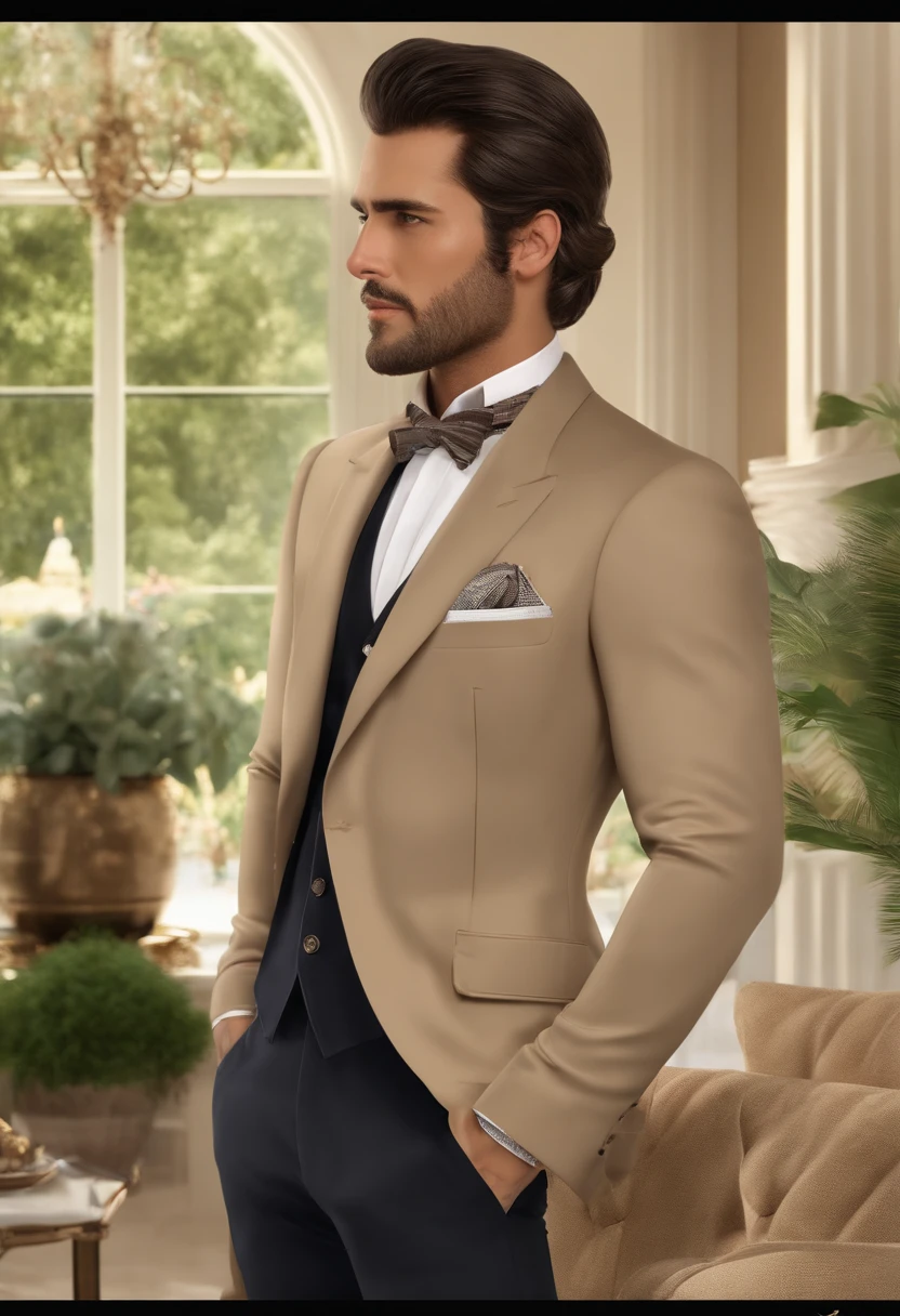character standing with arm Crossed, dark hair (neck length hair tied in a ponytail), nice pose, handsome man, Full body, Full body shot, pretty face, Side pose, royal elegant pose, business man, (in a striped blazer), (The surrounding environment is a luxurious and classic living room) (sand tone image)