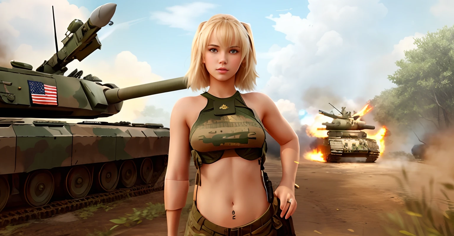 girl, blonde, army tanktop, gun on side, forest, tanks, planes, explosions, soldiers walking in the background