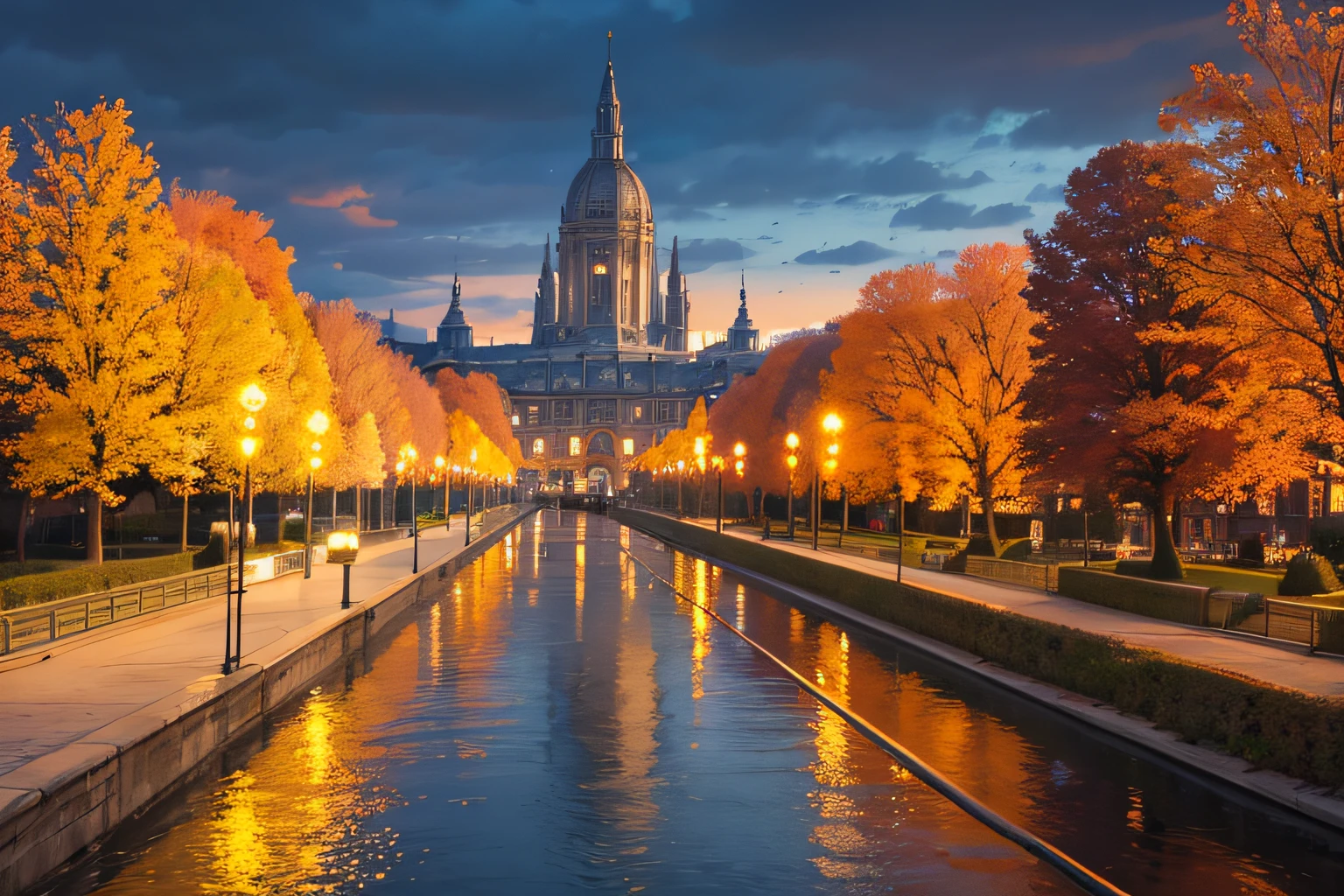 Espectacular vista de la ciudad europea lloviendo en la que se puede ver a varias personas con trajes de colores caminando en primer plano, beautiful autumn trees, Varios coches renderizan 8K, lumión, Muchos detalles, Perfect anatomy,