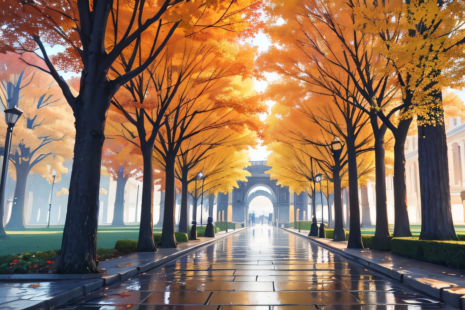 Espectacular vista de la ciudad europea lloviendo en la que se puede ver a varias personas con trajes de colores caminando en primer plano, beautiful autumn trees, Varios coches renderizan 8K, lumión, Muchos detalles, Perfect anatomy,