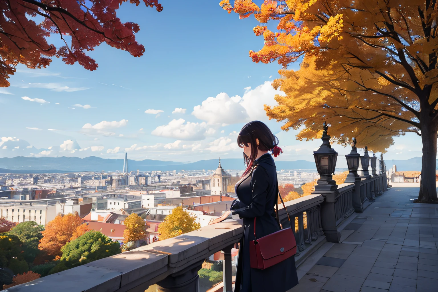 Espectacular vista de la ciudad europea lloviendo en la que se puede ver a varias personas con trajes de colores caminando en primer plano, beautiful autumn trees, Varios coches renderizan 8K, lumión, Muchos detalles, Perfect anatomy,