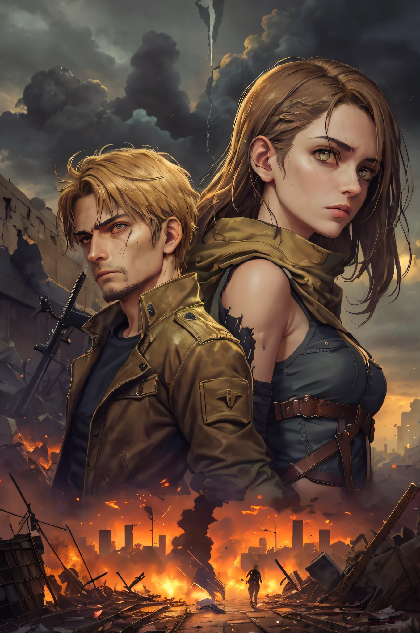 Por favor, Create a realistic illustration for the cover of a zombie apocalypse book, where the background is of utmost importance. The main focus of the scene is a couple of survivors, positioned facing each other and holding hands.
O homem, com aproximadamente 1,90 de altura, possui cabelos castanhos escuros, brown eyes and is dressed in military pants, uma camisa de manga longa preta, boots and a black machete attached to the waist. He wears a leather glove and has a determined expression on his face.
A mulher tem cabelos longos, cacheados e pretos, light green eyes and is dressed in military pants. Ela tem uma pistola no coldre em sua cintura e usa uma camisa marrom sob uma jaqueta de couro marrom. The woman also has a decided expression, olhando intensamente para o homem.
The backdrop is a completely destroyed city, with crumbling buildings, casas em chamas e uma atmosfera de caos. Zombies roam to the left of the couple, near abandoned buildings, enquanto, On the right hand, Criminals hold guns and are involved in clashes near burning houses. The sky is gray and rainy, adding to the sense of despair and apocalypse.
Por favor, certifique-se de que o casal de sobreviventes esteja em destaque, But emphasize the destroyed scenery and the sense of danger and chaos around them in the image.