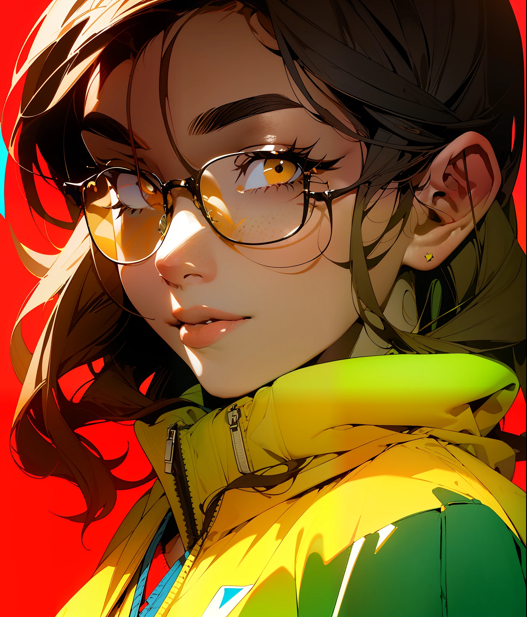 killjoy valorant, focused upper body, one girl wearing perfect glasses and green beanie hat, yellow hoodie, sparkling brown eyes, nice perfect face with soft skin, intricate detail, 8k resolution, masterpiece, 8k resolution photorealistic masterpiece, professional photography, natural lighting, detailed texture,