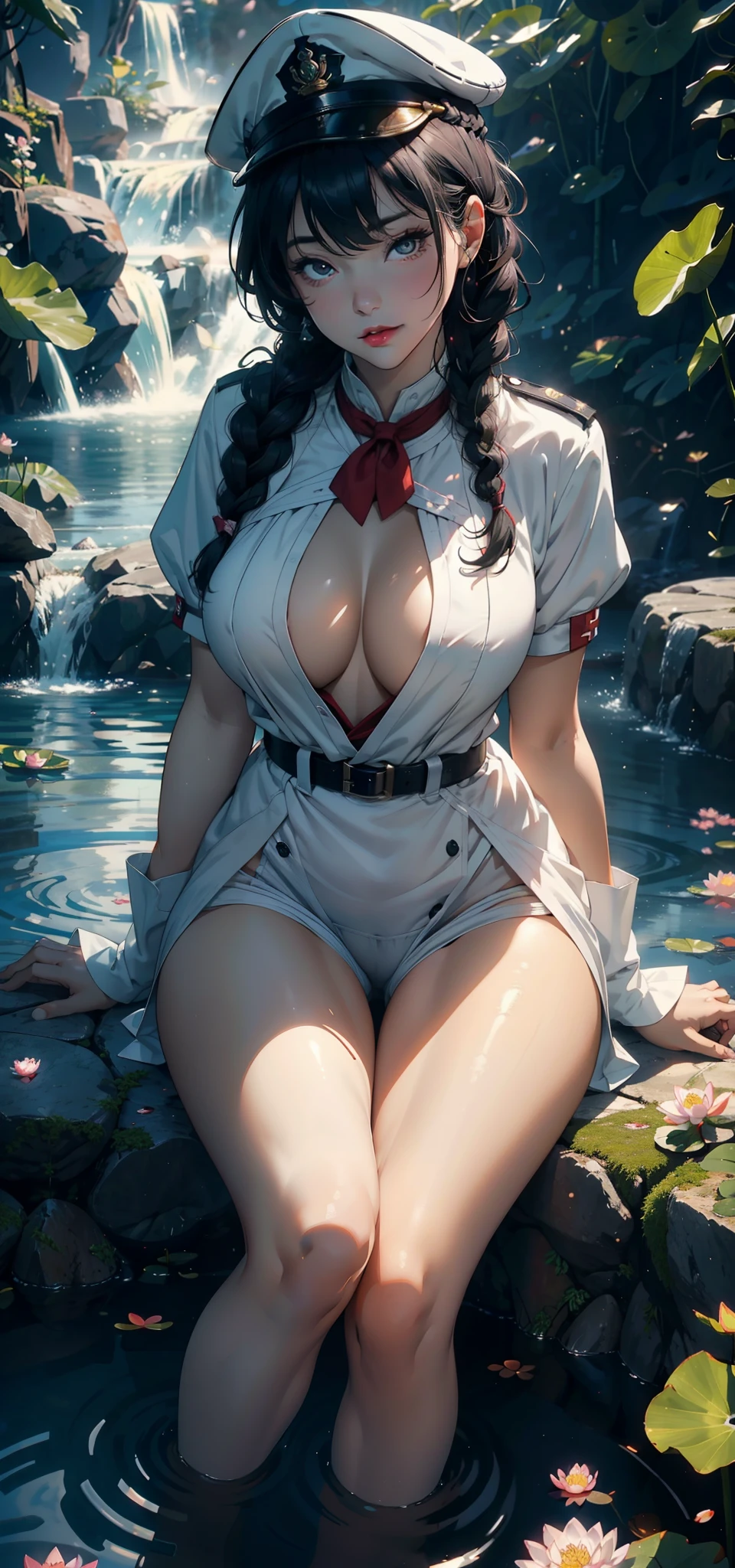 1female,35yo,plumw,extremely large bosom, 独奏,(Background with:waterfallr,ponds,Cherry blossom forest,lotus flower)Sit in the lotus leaves of the pool, She has short black hair,standing on your feet,seen from the front, Twist braids, mostly cloudy sky,(((tmasterpiece),(Very detailed CG unity 8K wallpaper),best qualtiy,cinmatic lighting,detailed back ground,beatiful detailed eyes,Bright pupils,Black eyes,Snow-whiteskin,Redlip(Very fine and beautiful),(Beautiful and detailed eye description),ultra - detailed,tmasterpiece,))facing at camera,A high resolution,ultra - detailed),revealing breasts,Bare genitalia, Bulge,legs are open,Raised sexy,Camel toes,Flushed complexion,Desire for dissatisfaction,frontage,miltary,military hat,White transparent sailor uniform,Red Cross Mark