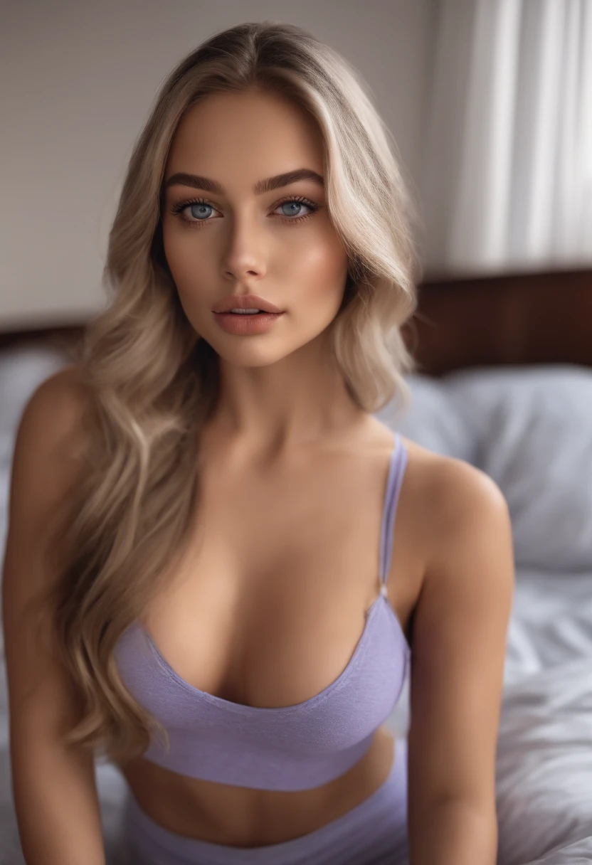 arafed woman fully , sexy girl with blue eyes, ultra realistic, meticulously detailed, portrait sophie mudd, blonde hair and large eyes, selfie of a young woman, bedroom eyes, violet myers, without makeup, natural makeup, looking directly at the camera, face with artgram, subtle makeup, stunning full body shot kneeling on bed, in bedroom, medium to large size bust, sports bra and leggins