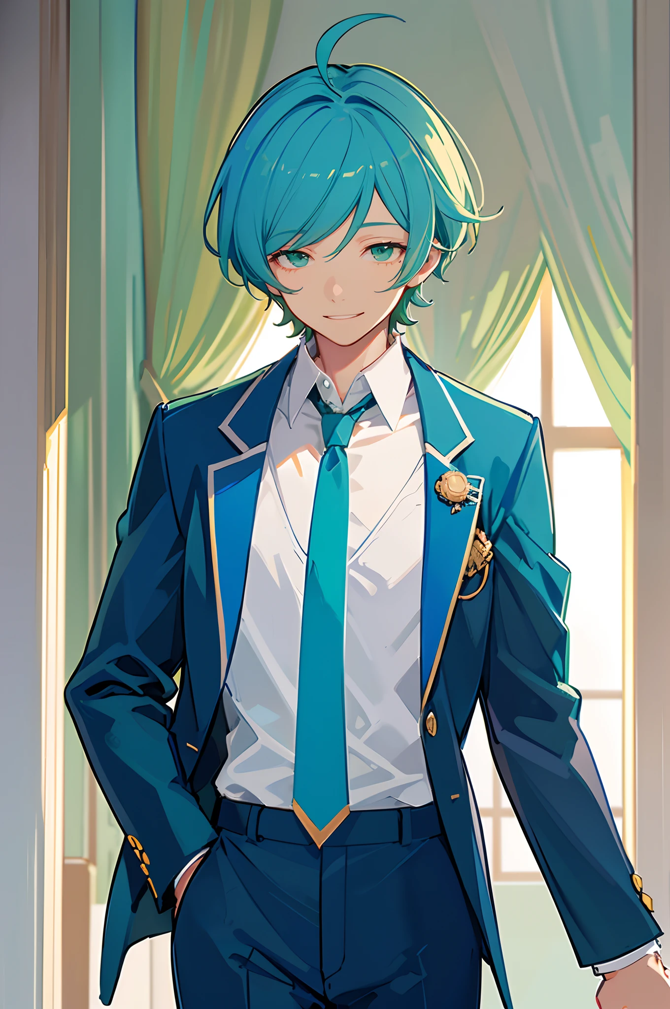 kanata shinkai, solo, 1boy, green eyes, blue hair, ahoge, male focus, cowboy shot, smile, school uniform, green eyes, blue hair, jacket, white shirt, upper body, necktie, collared shirt, blazer, blue jacket, cropped torso, green necktie, plaid pants