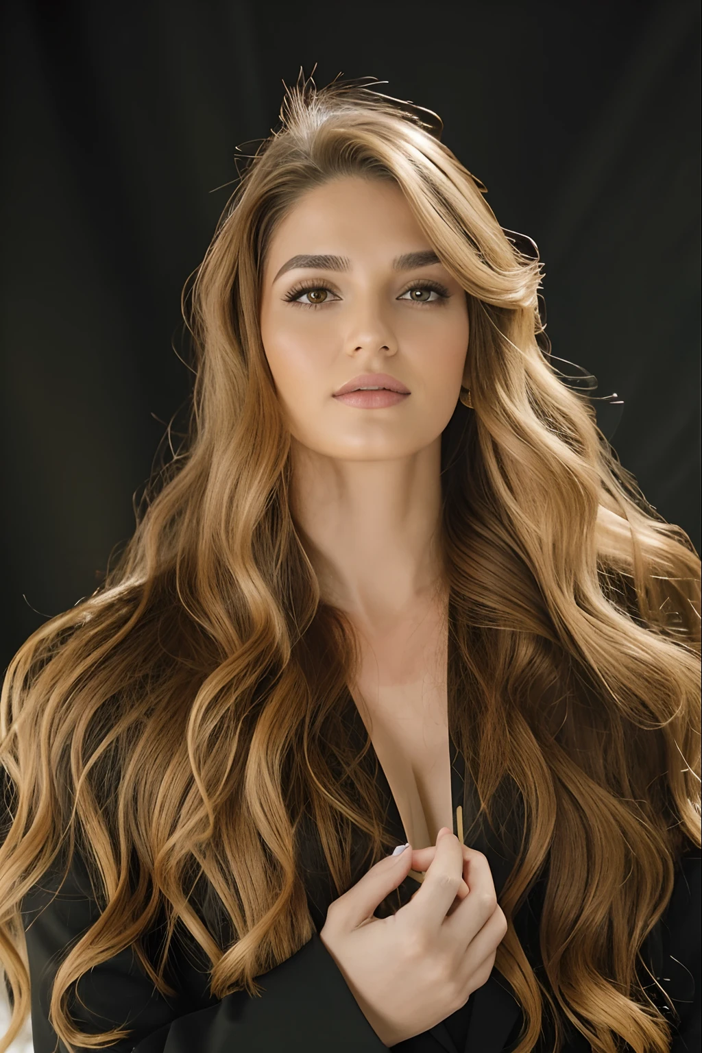 1 mulher adulta, cabelo comprido, cabelo cacheado, cabelo cor preto, pele suave, olhos castanhos, sorrir, vegetation, Occasional, Businesswoman style clothes, blaser marrom claro, realista, com fundo em um restaurante chique, 8k super realista, super detalhado e realista
