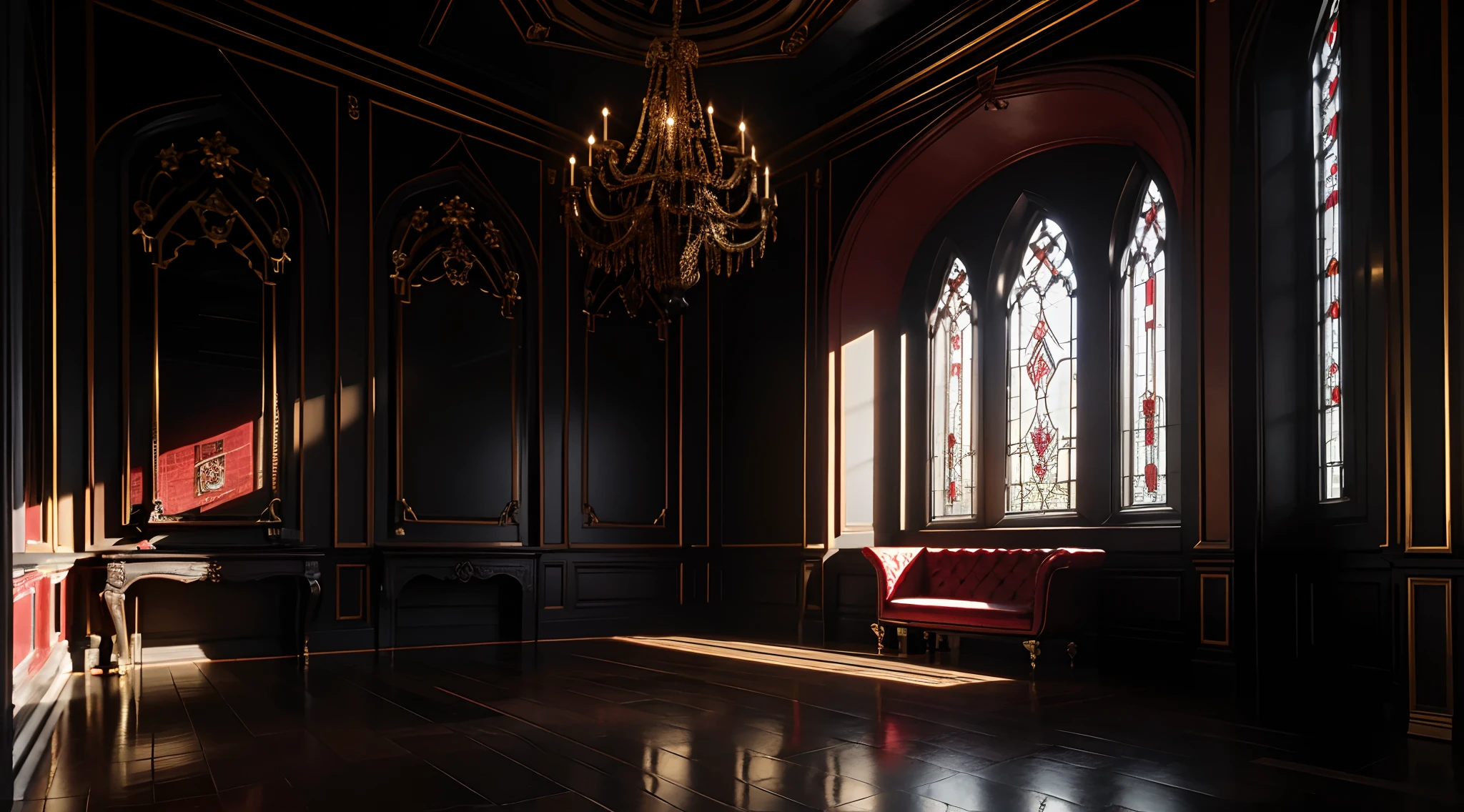 masterpiece, top quality, 8k, big room, dim lighting, black stone walls, deep red medium size wall panels with gold filigree border, 1 gothic window, vaulted ceilings, black and red parquet floor, single gothic floor lamp, single gothic chaise with deep red fabric and black stitching
