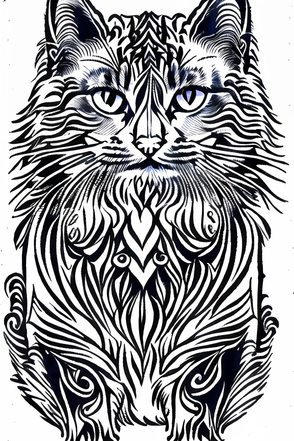 Coloring page for adults, bold lines, dark lines, mandala puppy body, mandala cat face, mandala face, symmetrical, white background, clean line art, fine line art