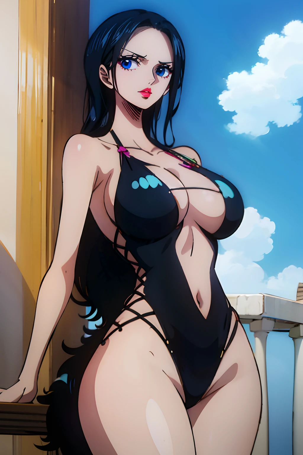 Nico Robin from One Piece wearing a tight black bikini and she’s look happy, high quality eyes, blue green eyes, Shiny eyes, Shiny white skin, puffy red lips, high quality lips, showing the ass, big ass, big boobs, best quality.