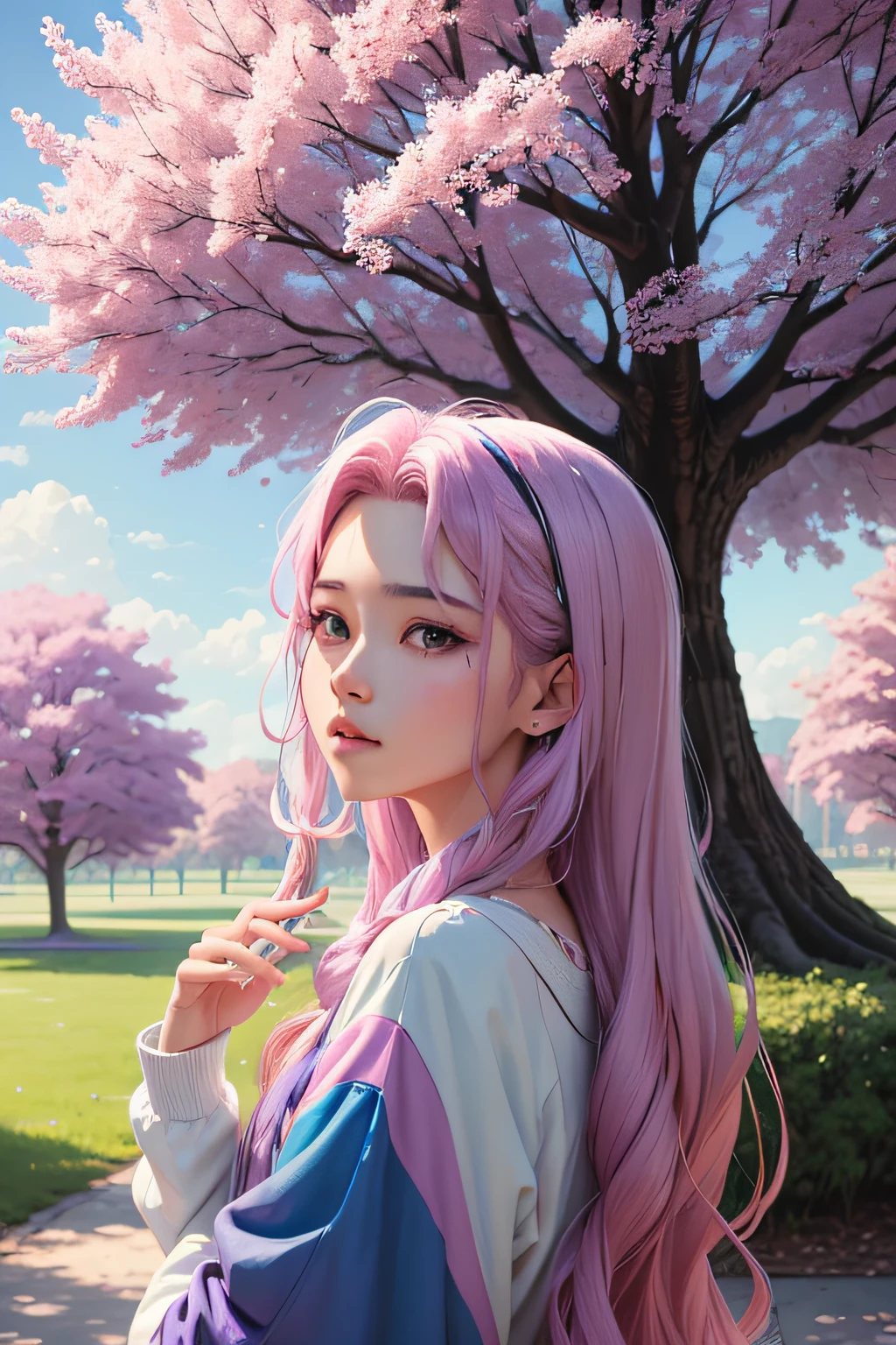 (BTS love yourself four colour version; purple, pink, blue and white), a tree, oil painting