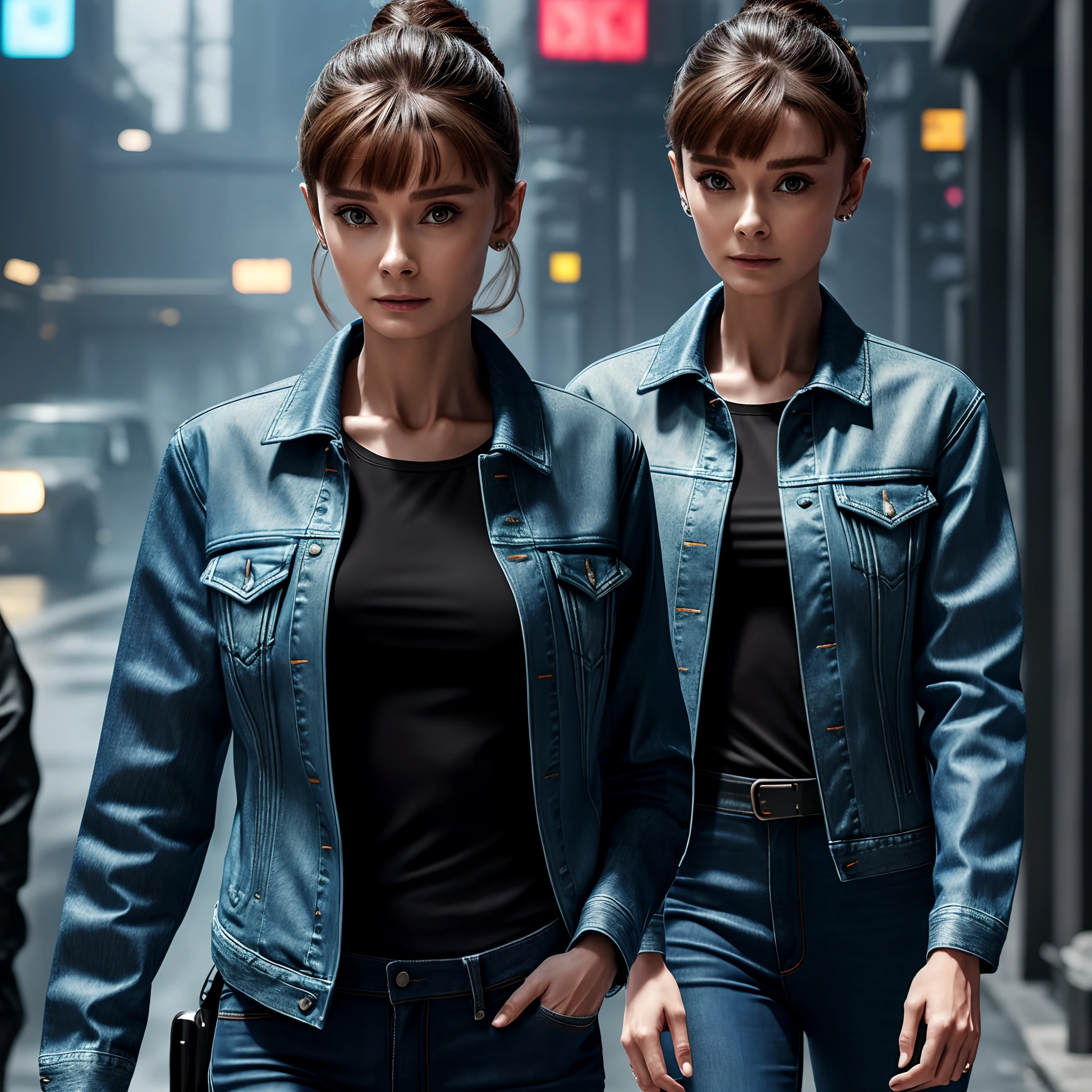 Cyberpunk Audrey Hepburn wearing ultra realistic denim jacket and shirts, realistic photo, futuristic setting, 4k