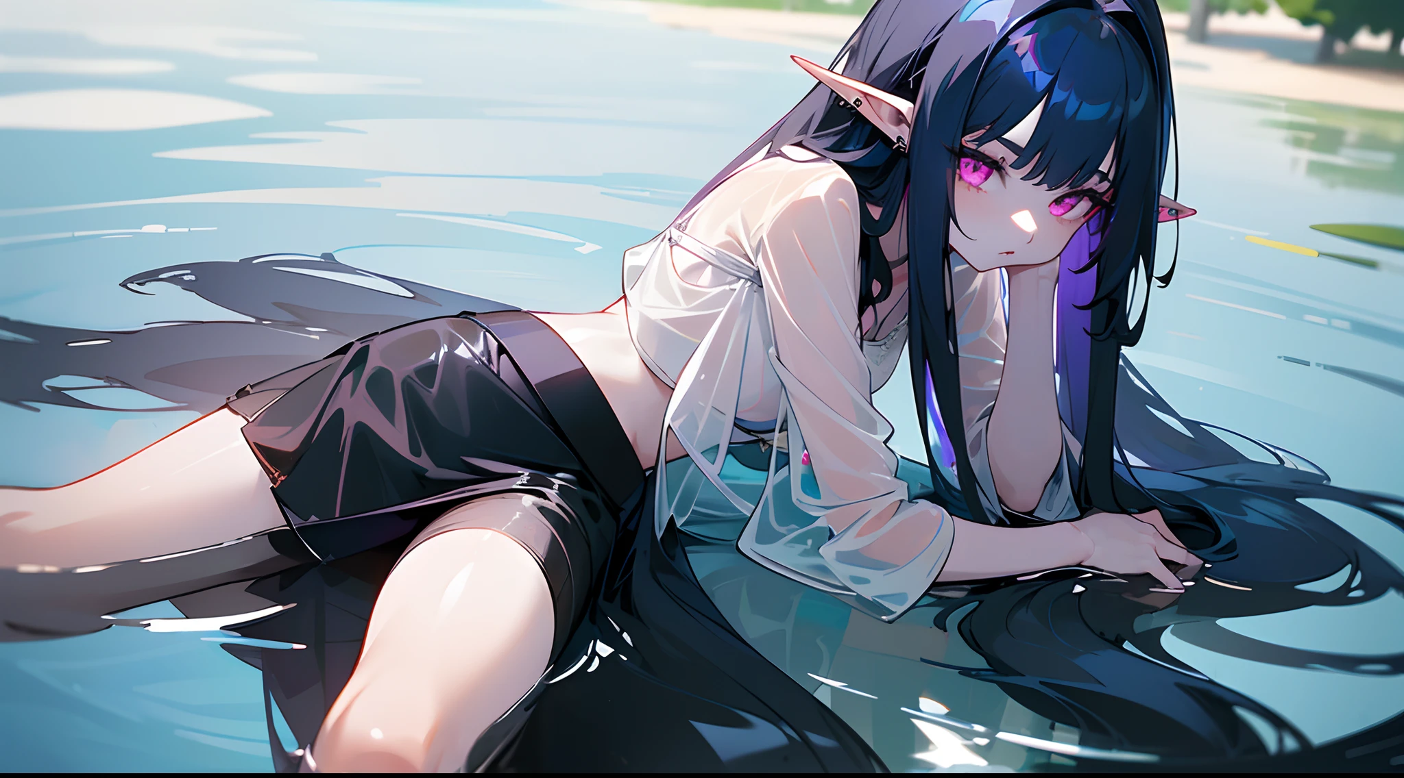 A  girl,((dark blue long hair)), body piercings, pink eyes, Little elven ears, (White Skin Skin), ((see-through top, Underneath the top bra black, tight skirt)), lies in the water