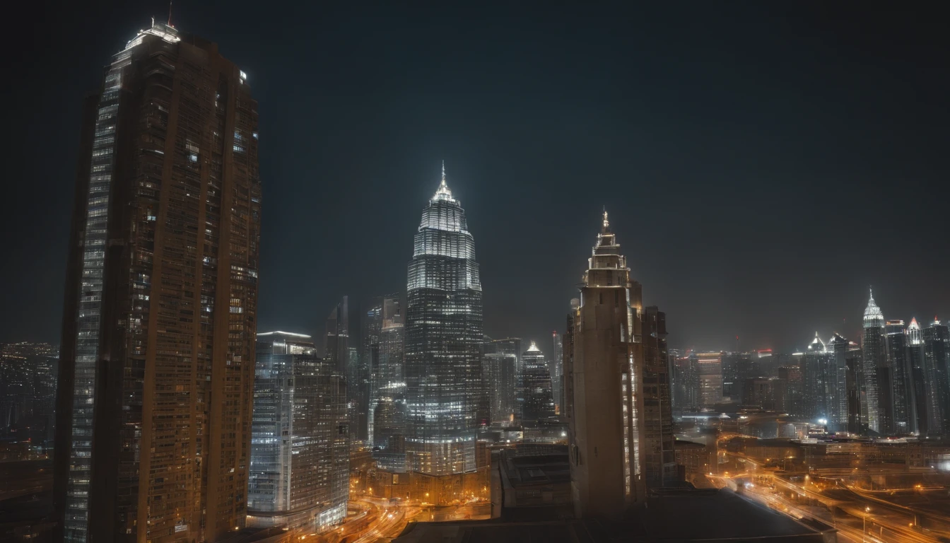 with street view generates an image of skyscrapers with small lights on some floors, tense and dry environment in the air, dark environment, contemporary clothes, bible, biblical stories, 8k, cinematic, realistic